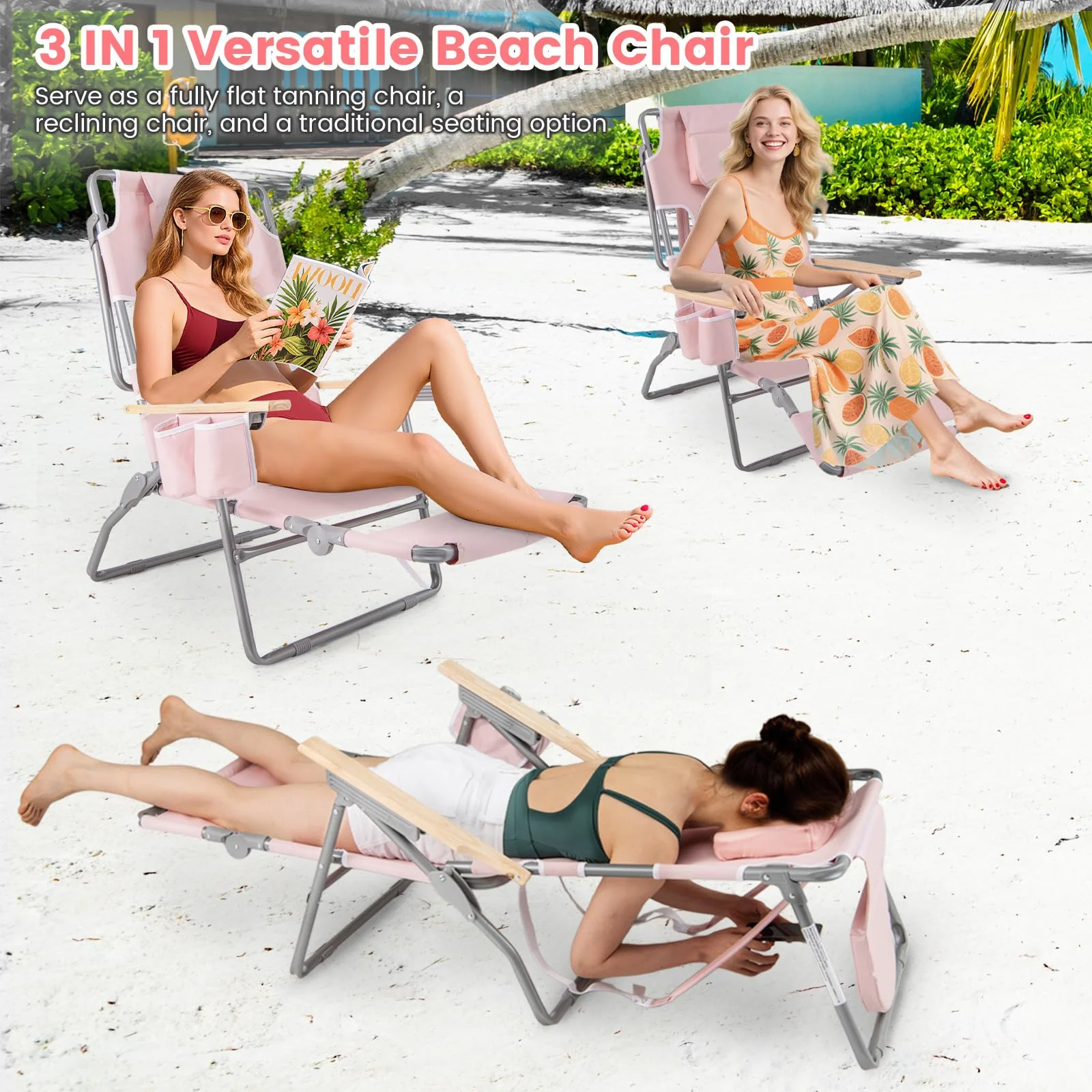 Goplus 3-in-1 Foldable Beach Chair Heavy-Duty Recliner for Camping Poolside Sunbathing - Image 4