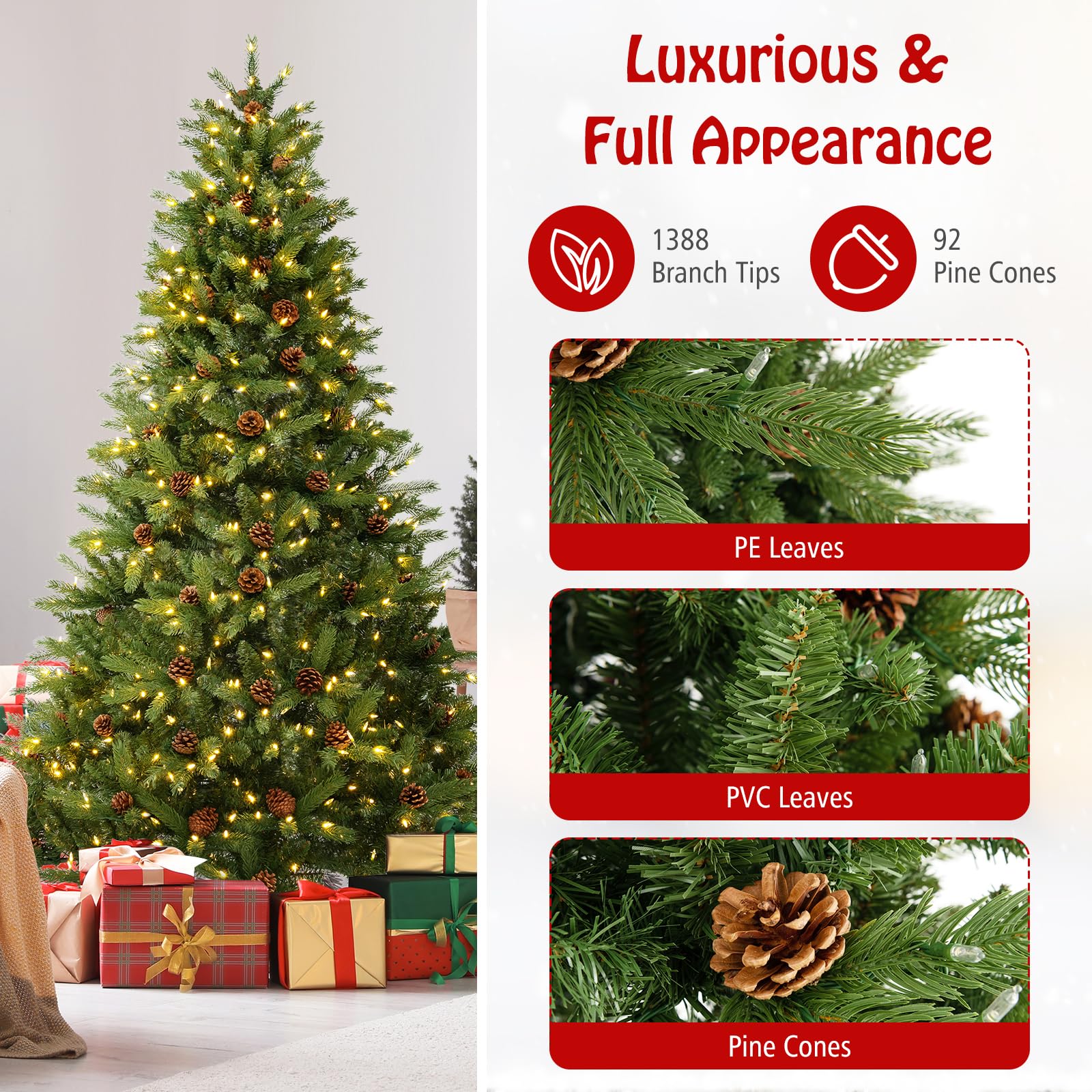 Goplus 3-Minute-Setup Pre-Lit Artificial Christmas Tree, 7ft Hinged Xmas Tree with 360 Quick Power Connector - Image 7