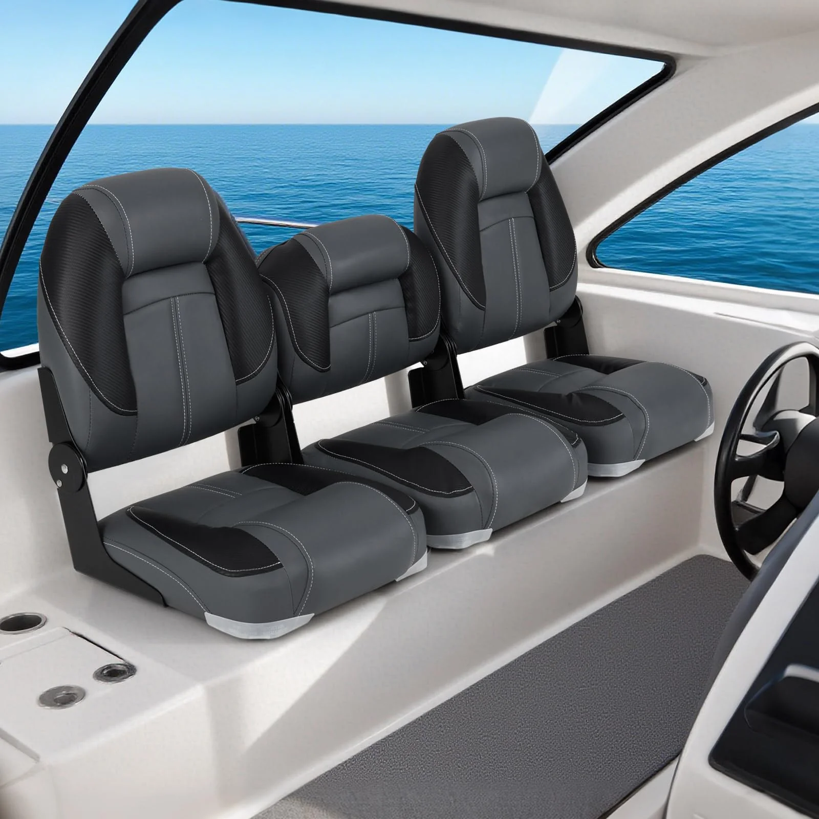 Goplus 3-Pack Folding Boat Seats, 2 High-Back & 1 Low-Back Bass Boat Chairs w/ 28D Soft Sponge Padding - Image 5
