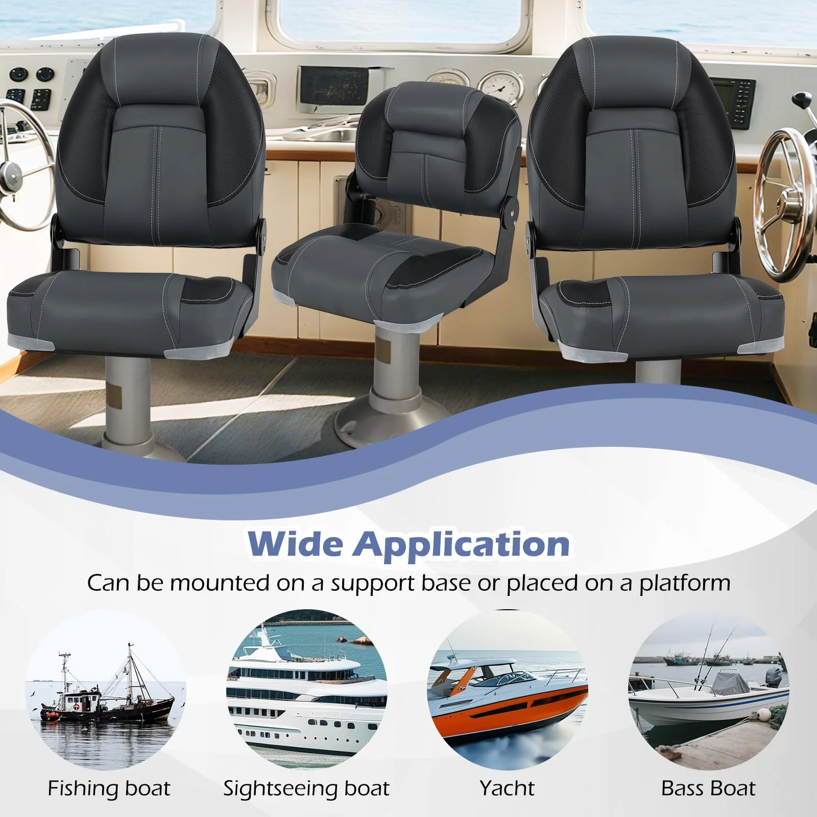 Goplus 3-Pack Folding Boat Seats, 2 High-Back & 1 Low-Back Bass Boat Chairs w/ 28D Soft Sponge Padding - Image 6
