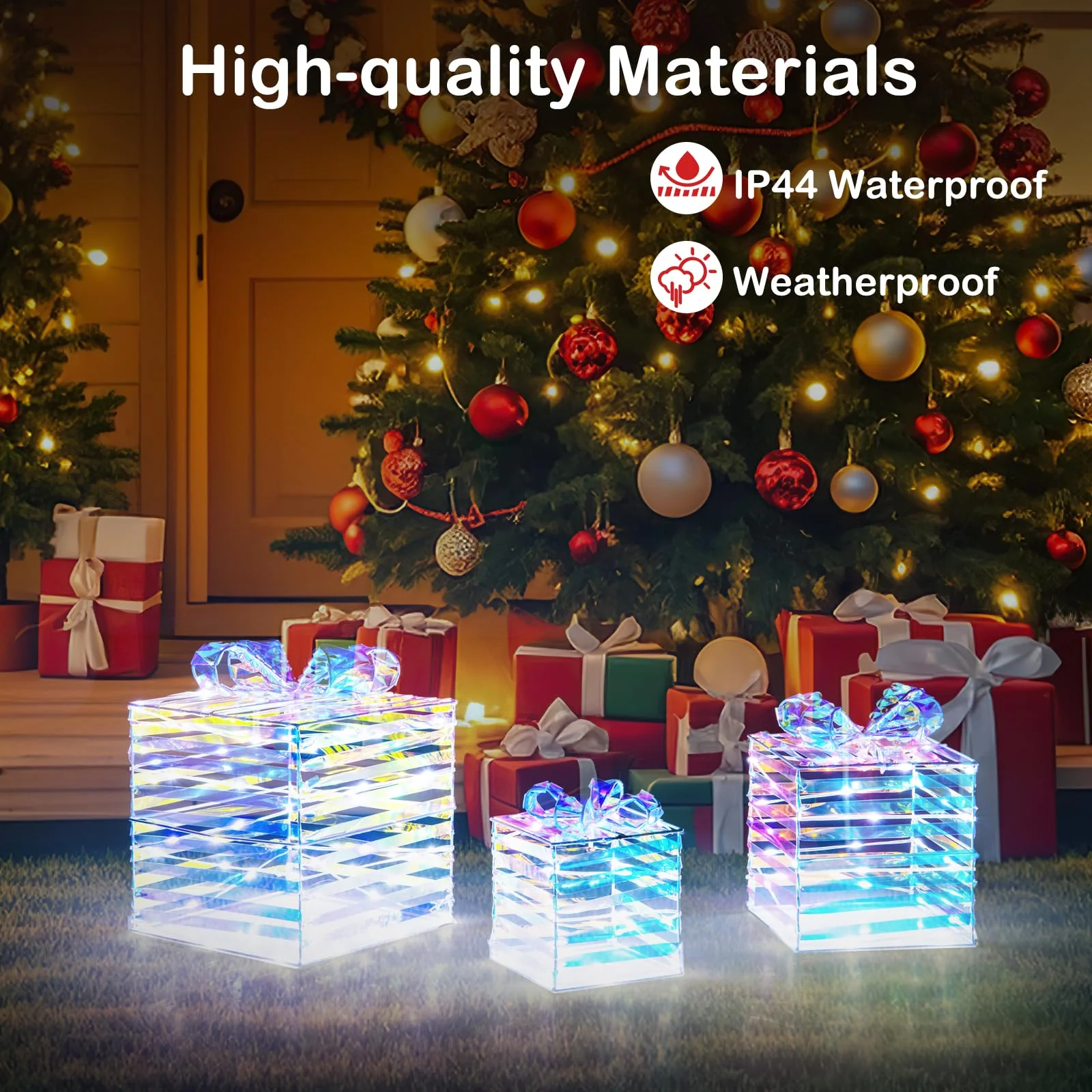 Goplus 3 Pieces Christmas Lighted Gift Boxes, 90 LED Light up Present Boxes with Bows, Zip Ties & Ground Stakes - Image 3