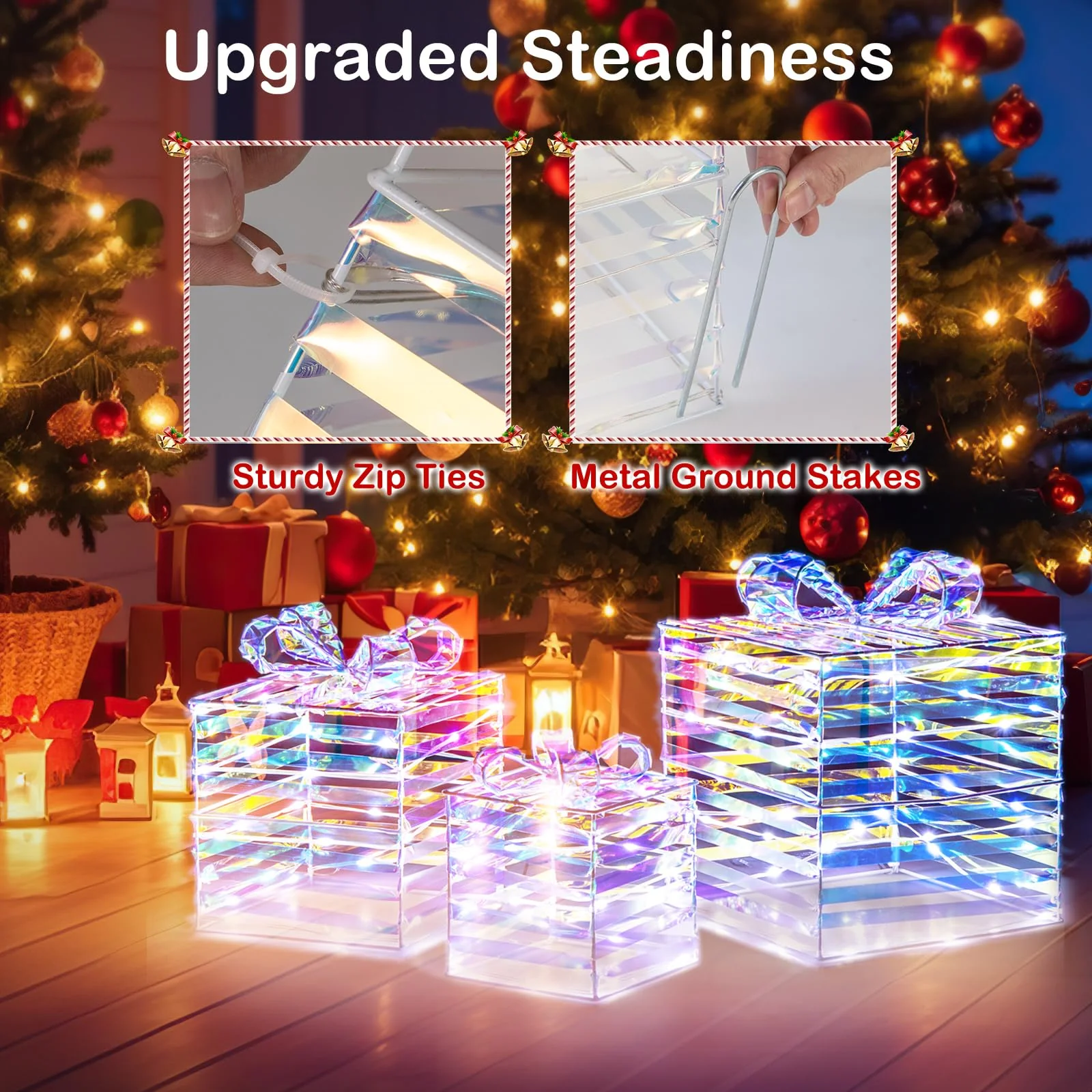 Goplus 3 Pieces Christmas Lighted Gift Boxes, 90 LED Light up Present Boxes with Bows, Zip Ties & Ground Stakes - Image 4