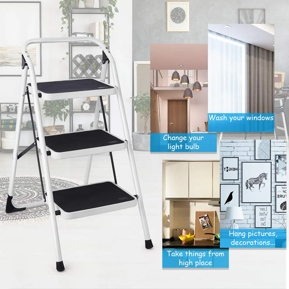 Goplus 3 Step Ladder, Folding Heavy Duty Step Stool Lightweight Steel Ladder, 340lbs Capacity (Black) - Image 3