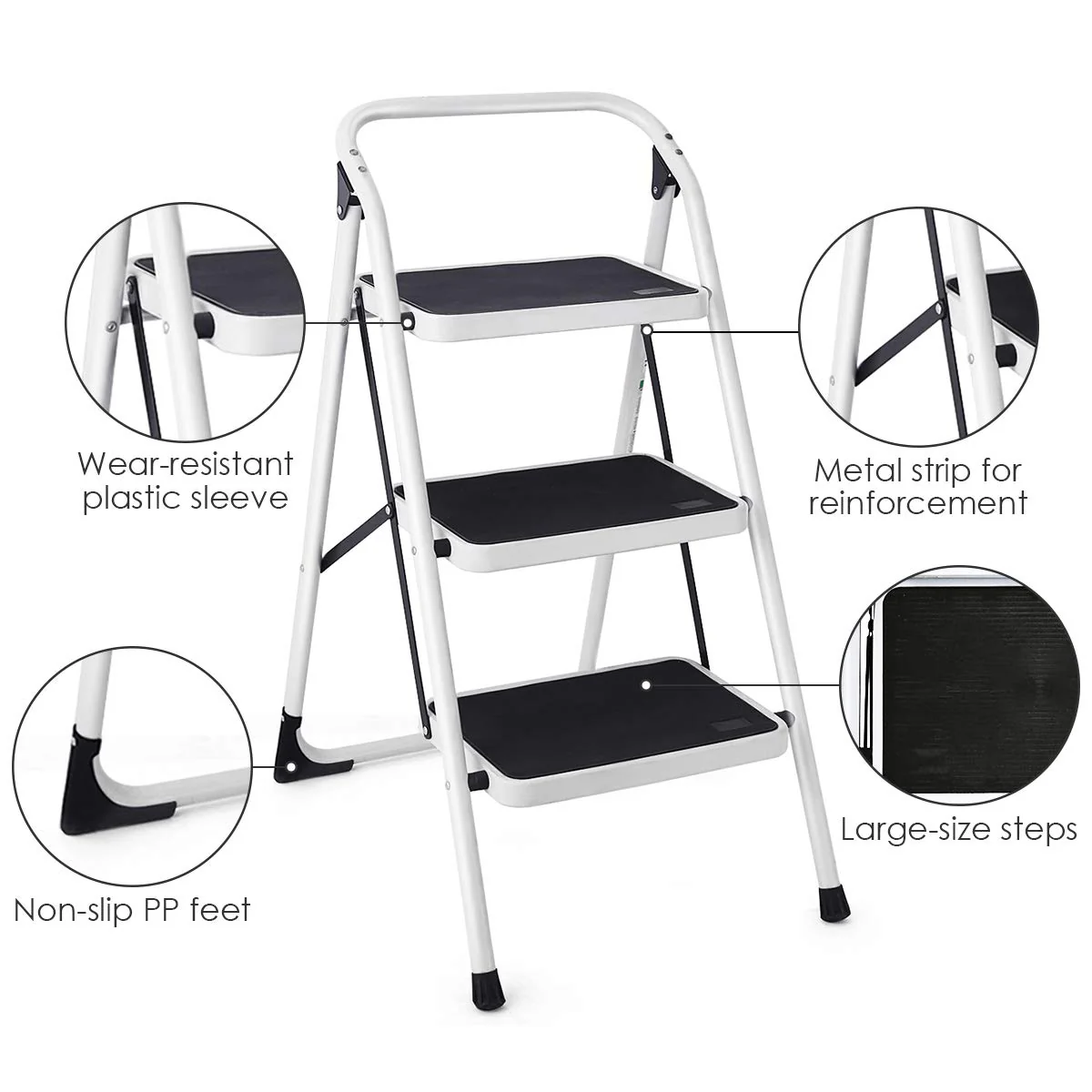 Goplus 3 Step Ladder, Folding Heavy Duty Step Stool Lightweight Steel Ladder, 340lbs Capacity (Black) - Image 4