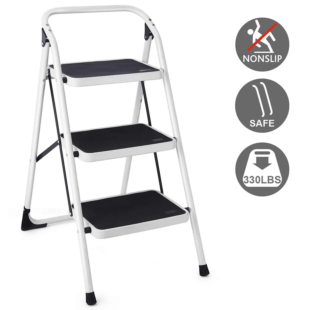 Goplus 3 Step Ladder, Folding Heavy Duty Step Stool Lightweight Steel Ladder, 340lbs Capacity (Black) - Image 5