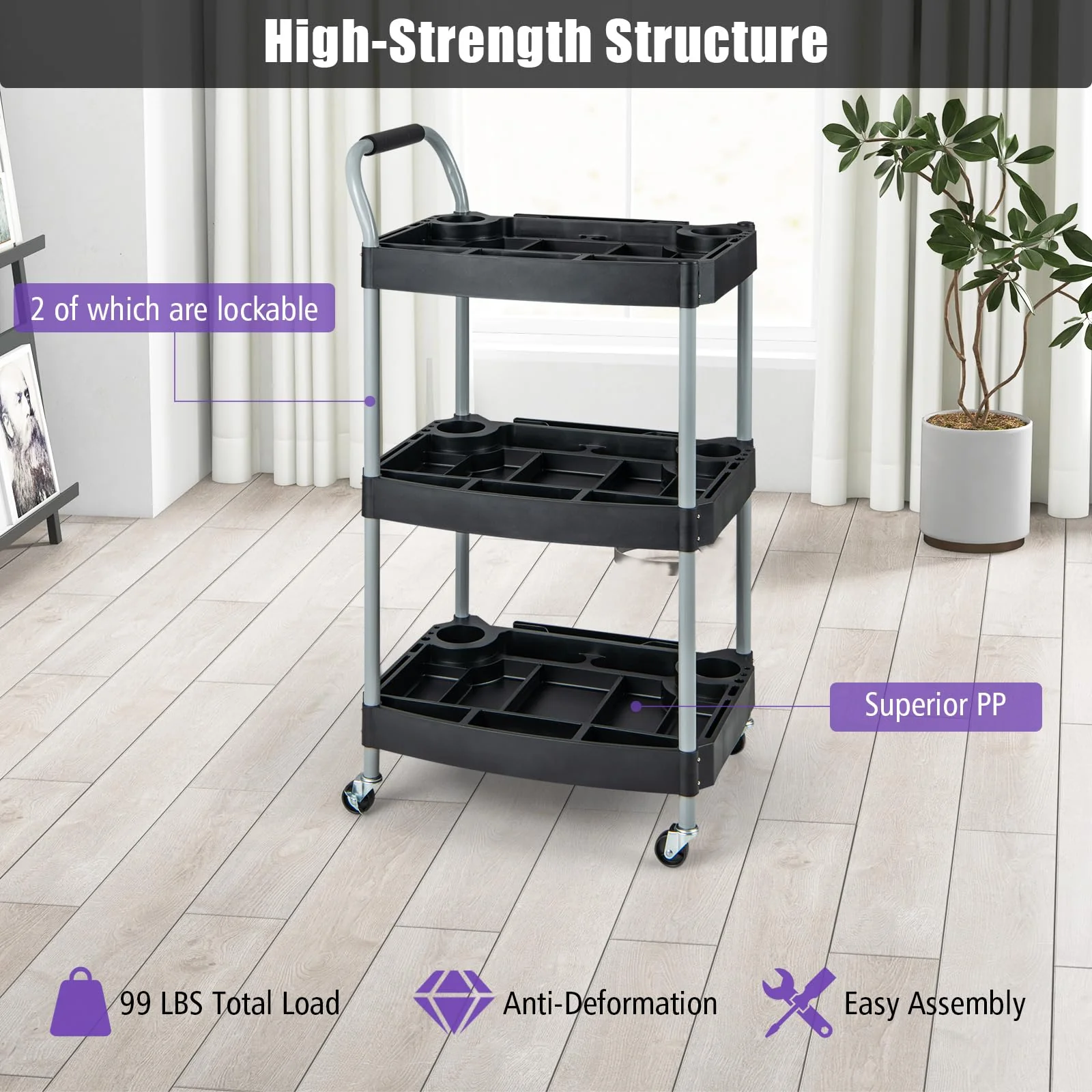 Goplus 3-Tier Rolling Tool Cart, Mobile Service Cart with Storage Compartment - Image 4
