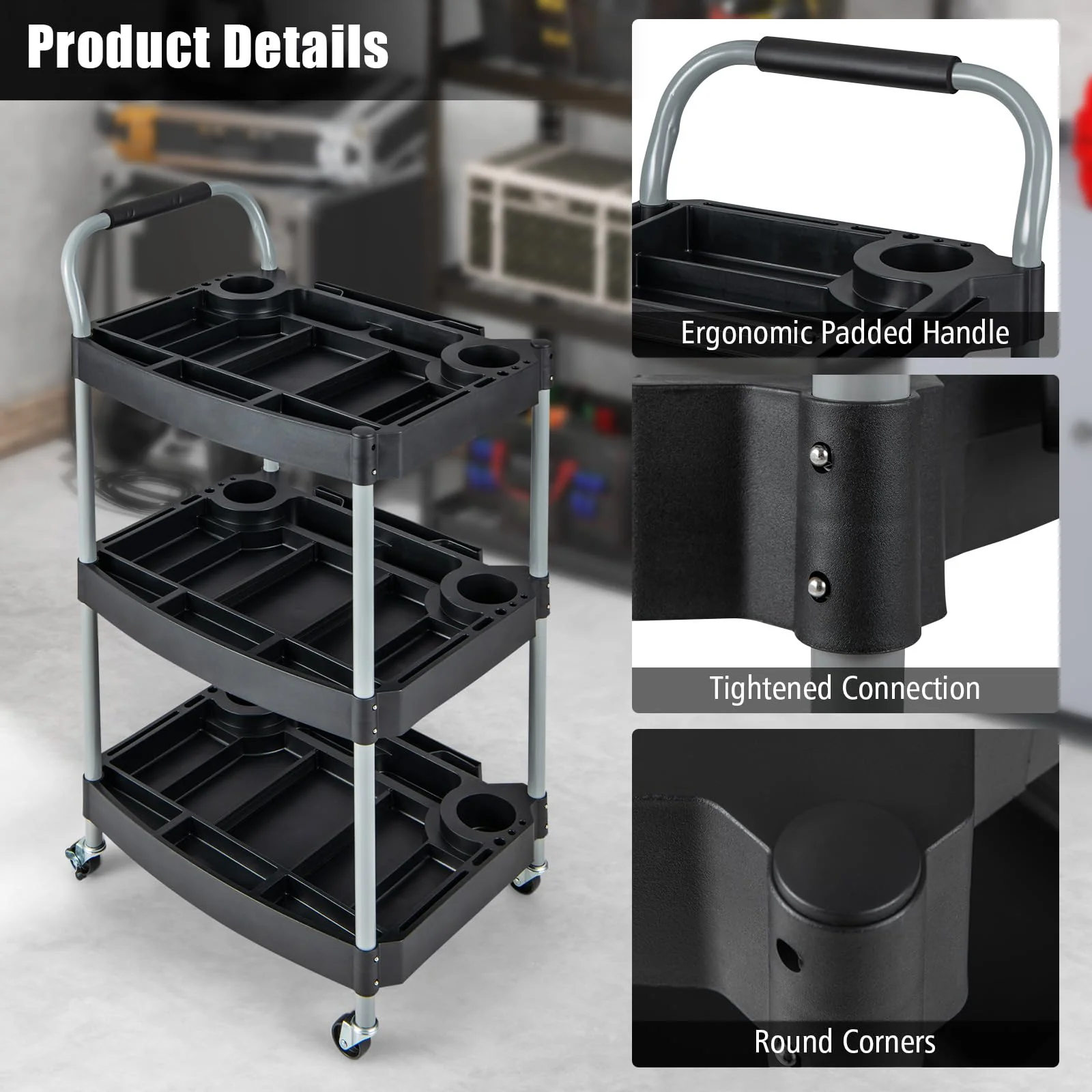 Goplus 3-Tier Rolling Tool Cart, Mobile Service Cart with Storage Compartment - Image 5