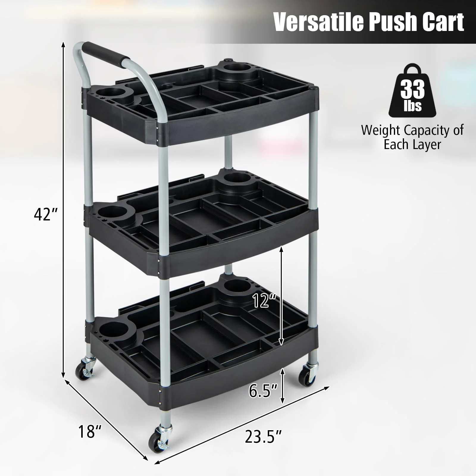 Goplus 3-Tier Rolling Tool Cart, Mobile Service Cart with Storage Compartment - Image 6