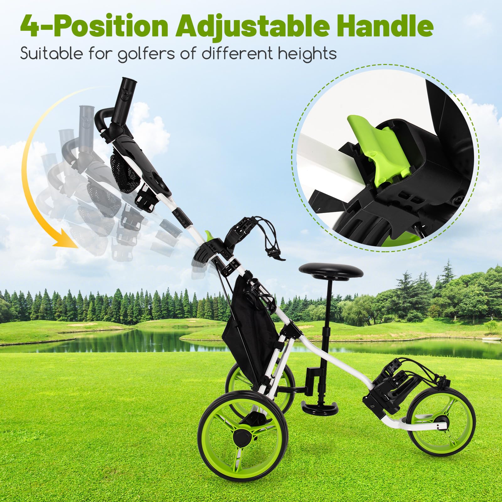 Goplus 3 Wheel Golf Push Cart, Lightweight Foldable Caddy Cart w/Adjustable Seat - Image 4