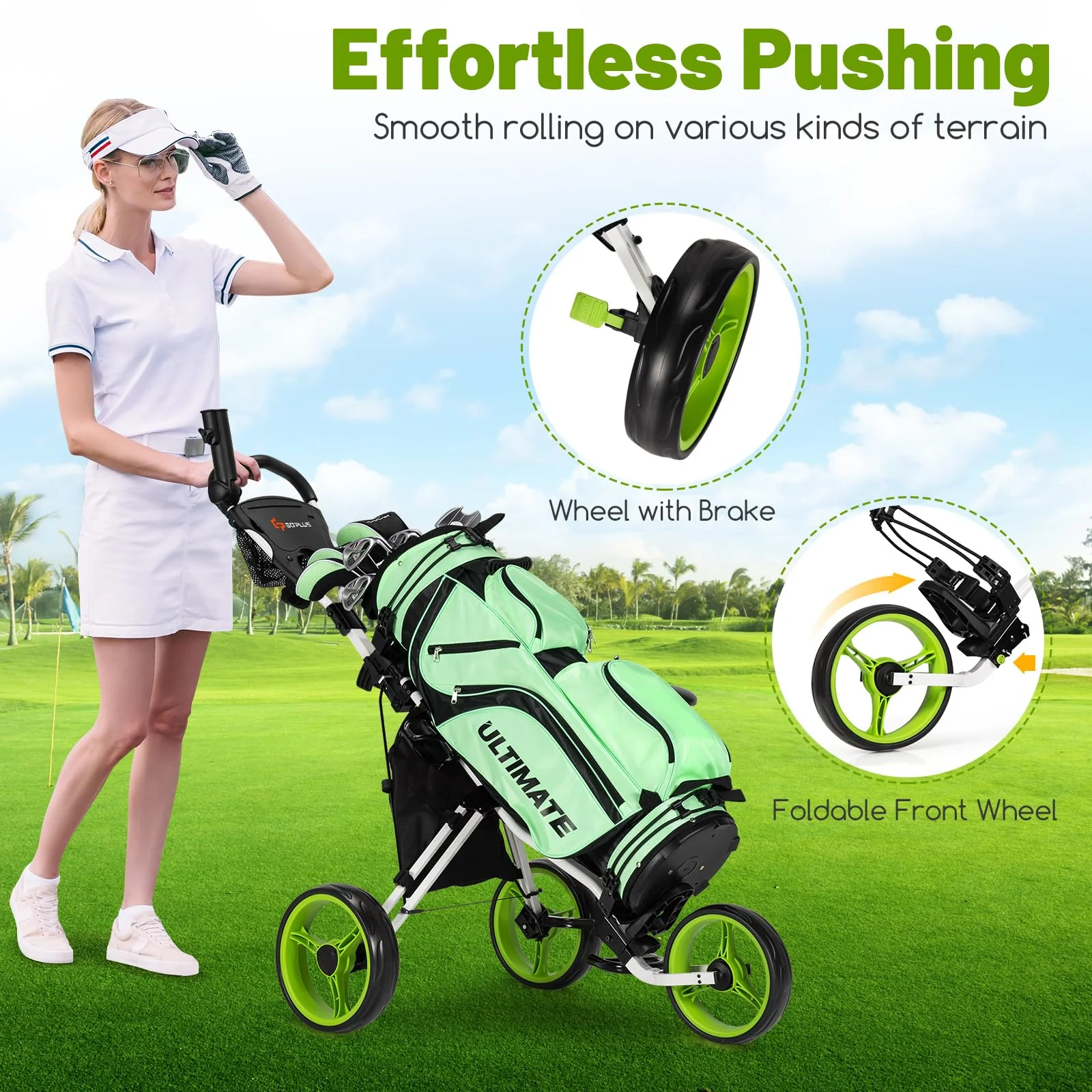 Goplus 3 Wheel Golf Push Cart, Lightweight Foldable Caddy Cart w/Adjustable Seat - Image 6