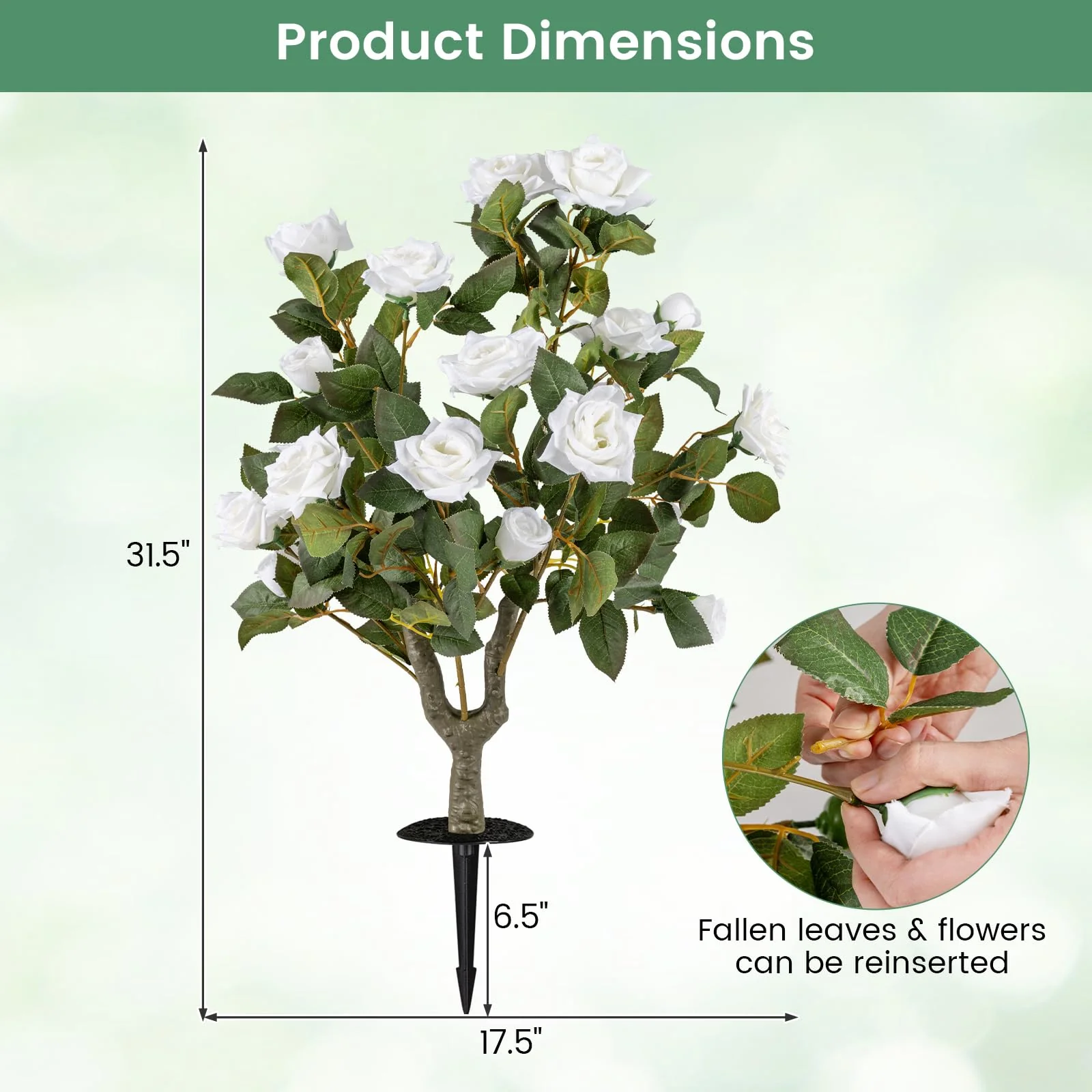 Goplus 31.5” 2 Pack Artificial Rose Flower Trees with Spikes & 18 White Flowers - Image 8