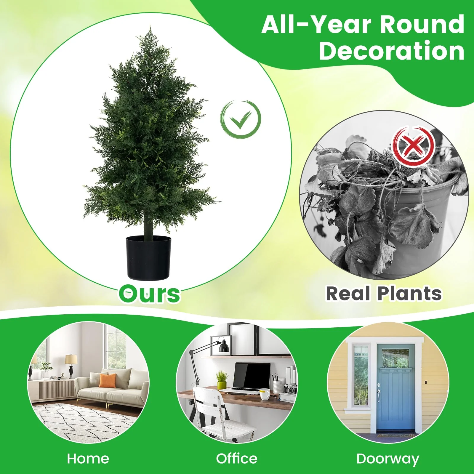 Goplus 31.5'' Artificial Cedar Topiary Trees for Outdoors, Potted Fake Cypress Trees with Cement Plastic Pot - Image 6