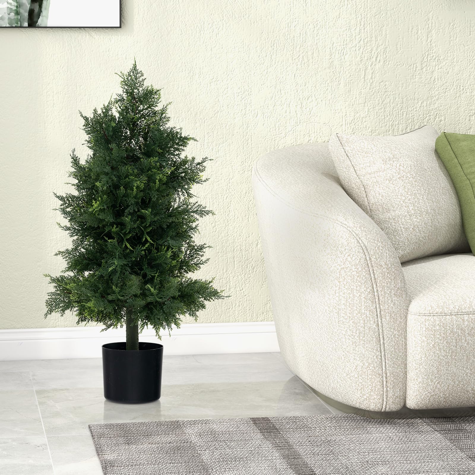 Goplus 31.5'' Artificial Cedar Topiary Trees for Outdoors, Potted Fake Cypress Trees with Cement Plastic Pot - Image 8