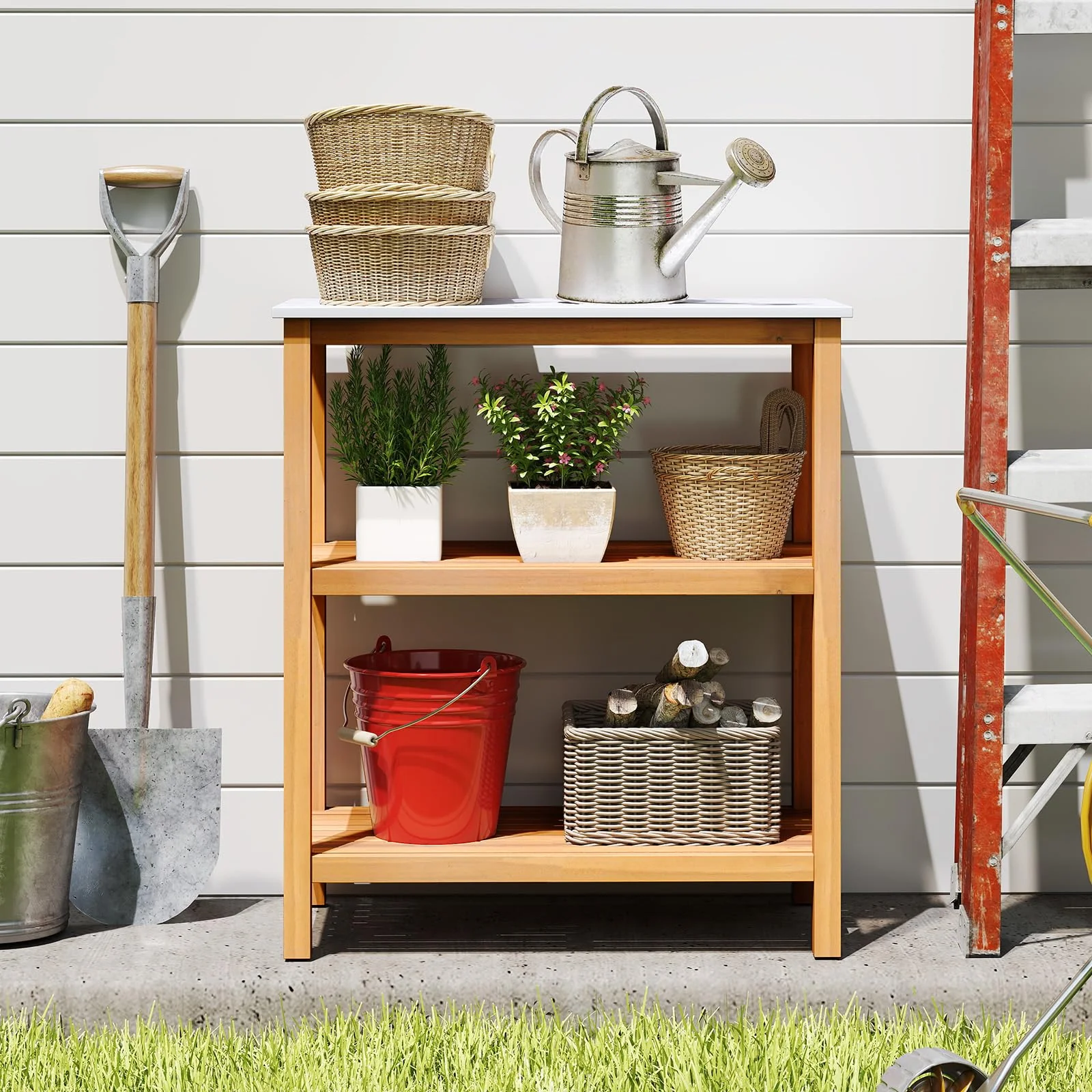 Goplus 32” x 16” x 36” 3-Tier Patio Wooden Sideboard - Image 5