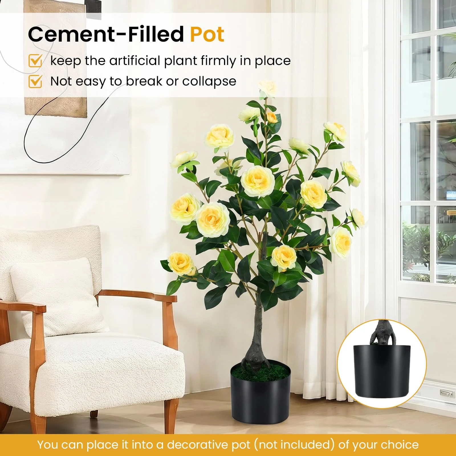 Goplus 35.5" Artificial Camellia Tree Faux Floral Plant Blooming Tree in Cement Pot - Image 10