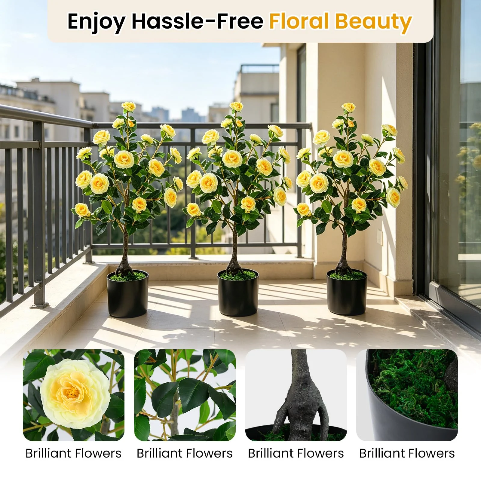 Goplus 35.5" Artificial Camellia Tree Faux Floral Plant Blooming Tree in Cement Pot - Image 11
