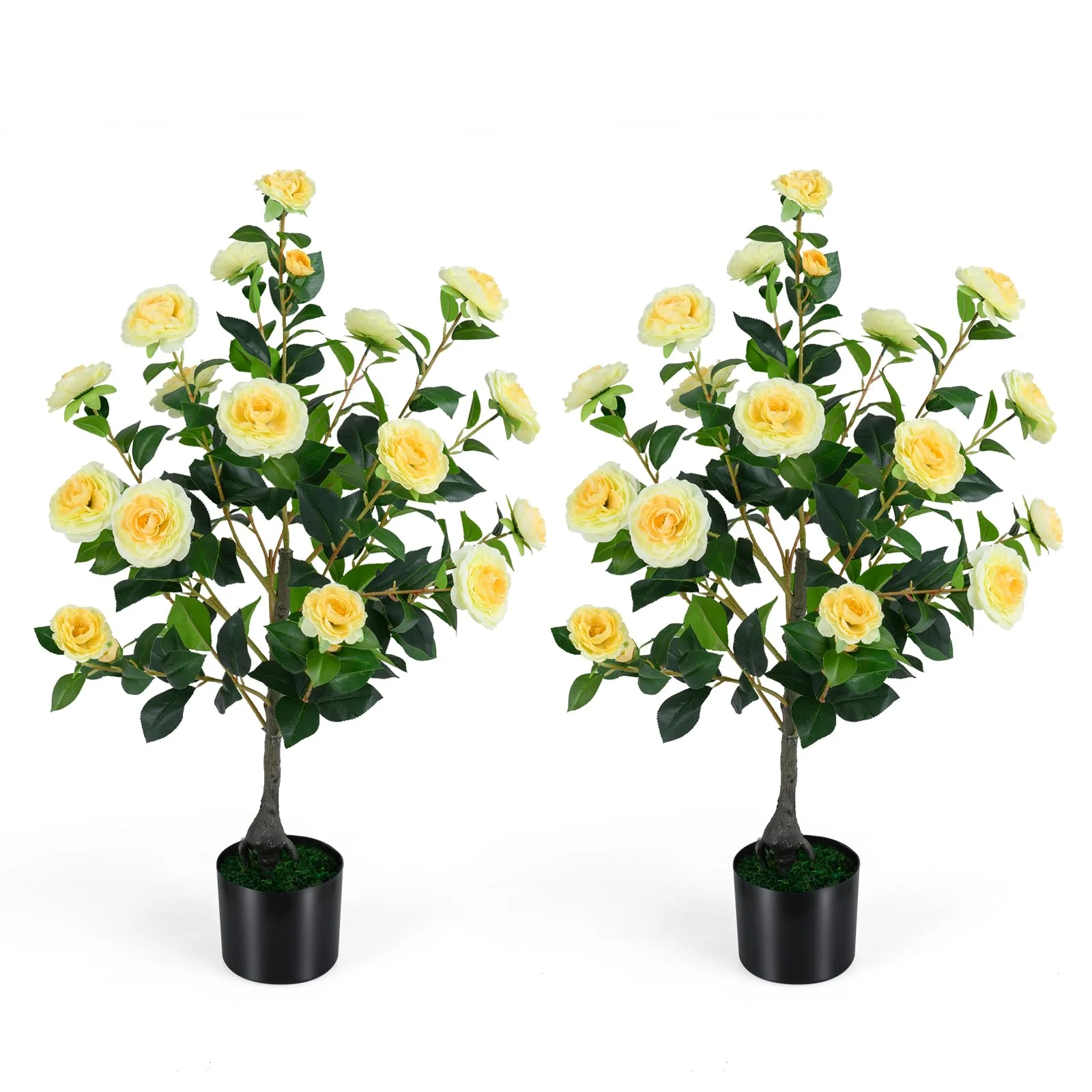 Goplus 35.5" Artificial Camellia Tree Faux Floral Plant Blooming Tree in Cement Pot - Image 2