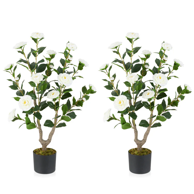 Goplus 36’’ Artificial Camellia Tree Faux Floral Plant Blooming Tree in Nursery Pot - Image 13