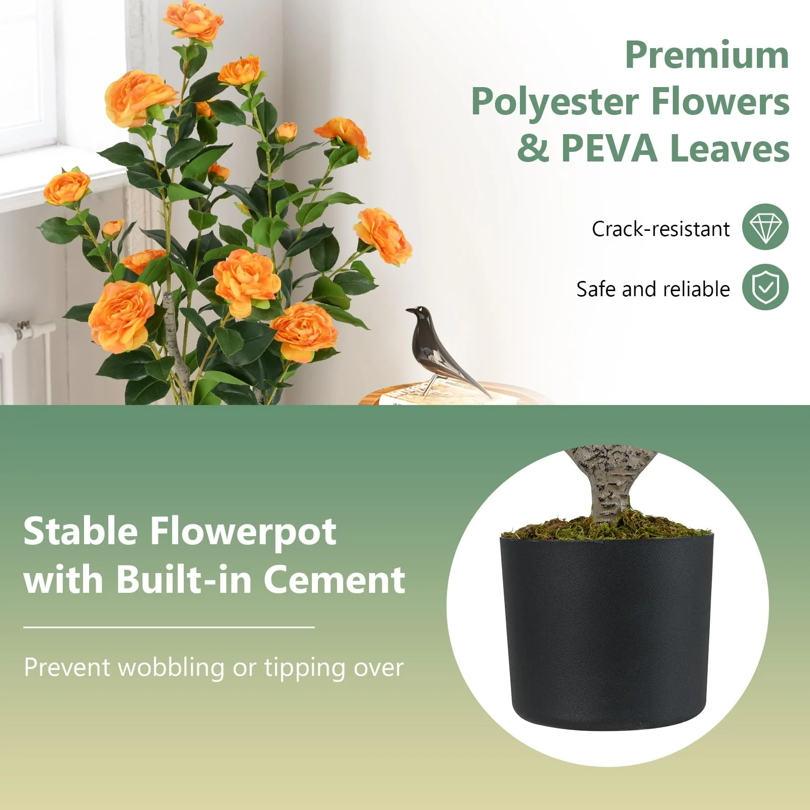 Goplus 36’’ Artificial Camellia Tree Faux Floral Plant Blooming Tree in Nursery Pot - Image 4