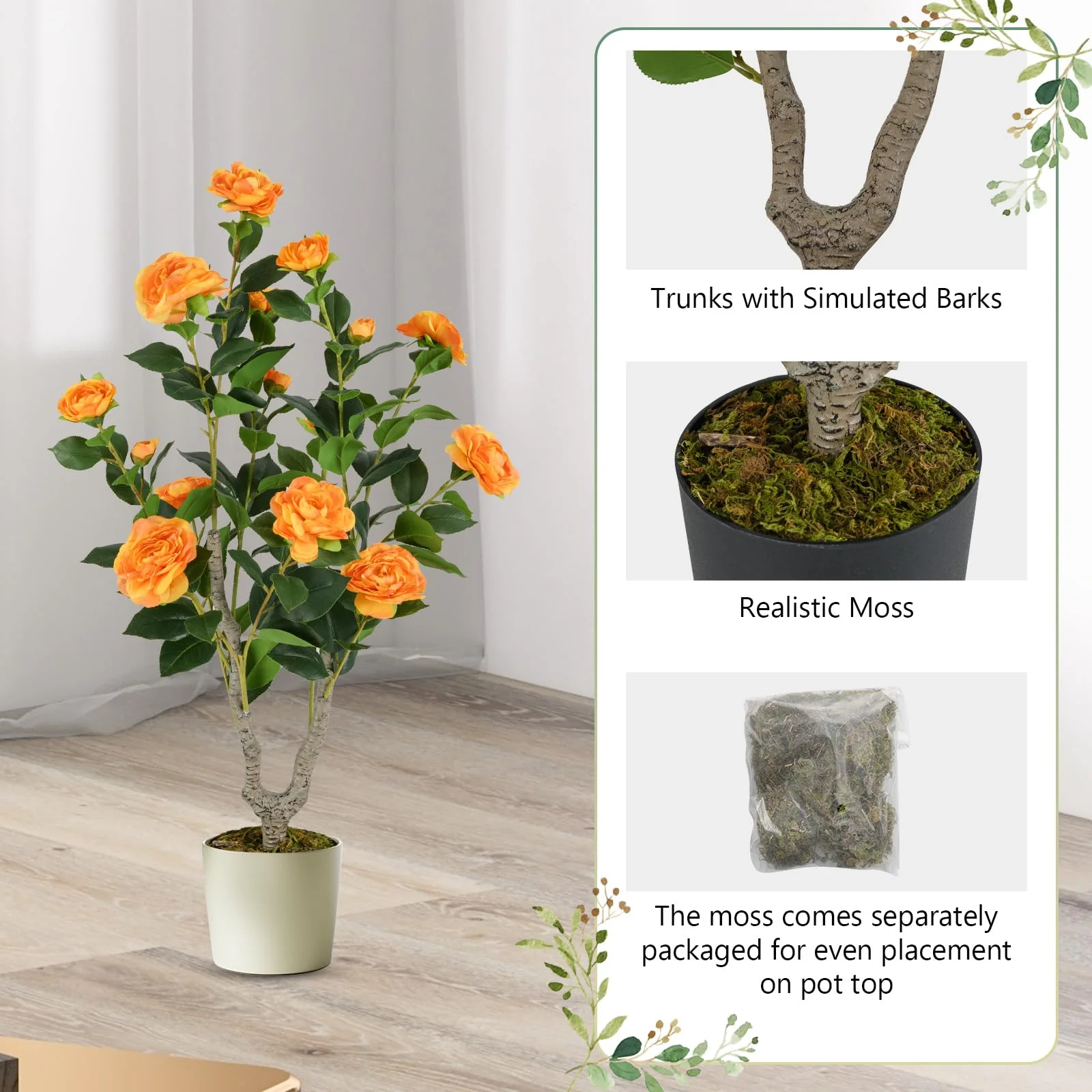 Goplus 36’’ Artificial Camellia Tree Faux Floral Plant Blooming Tree in Nursery Pot - Image 5