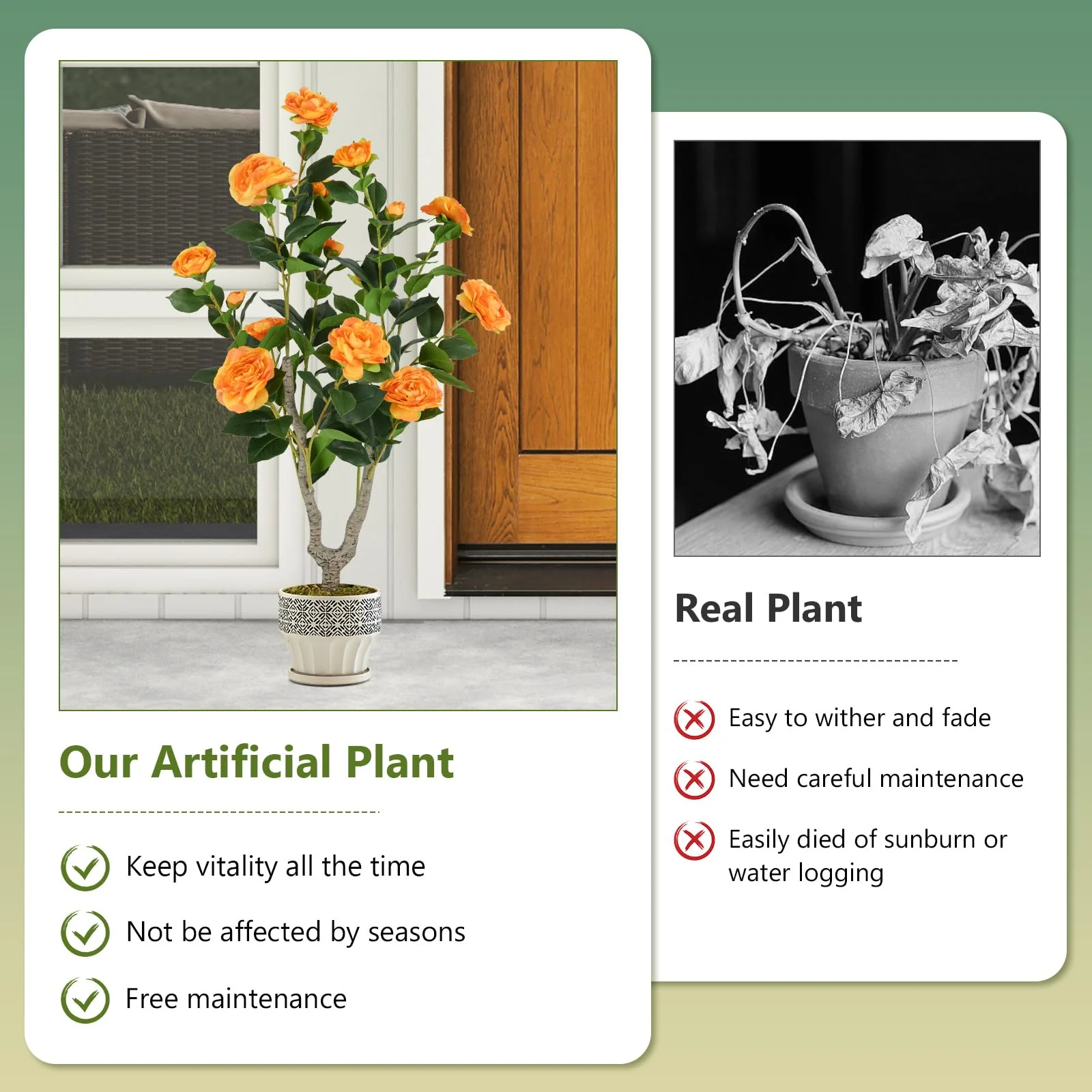 Goplus 36’’ Artificial Camellia Tree Faux Floral Plant Blooming Tree in Nursery Pot - Image 6