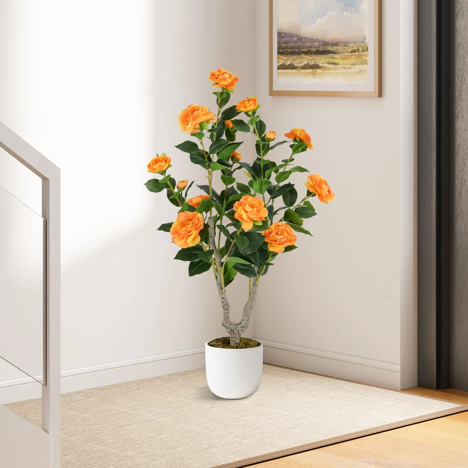 Goplus 36’’ Artificial Camellia Tree Faux Floral Plant Blooming Tree in Nursery Pot - Image 8