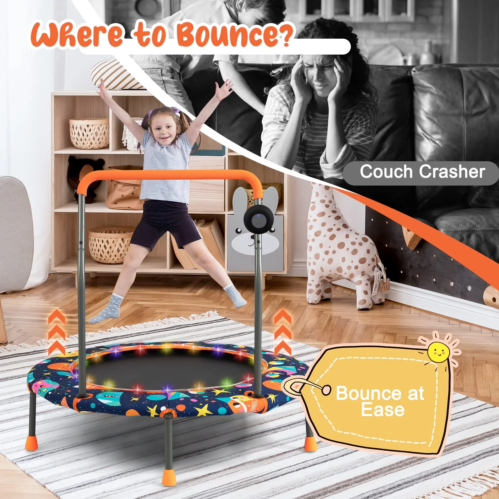 Goplus 36" Trampoline for Kids, Mini Toddler Trampoline with LED Lights, Bluetooth Speaker - Image 2