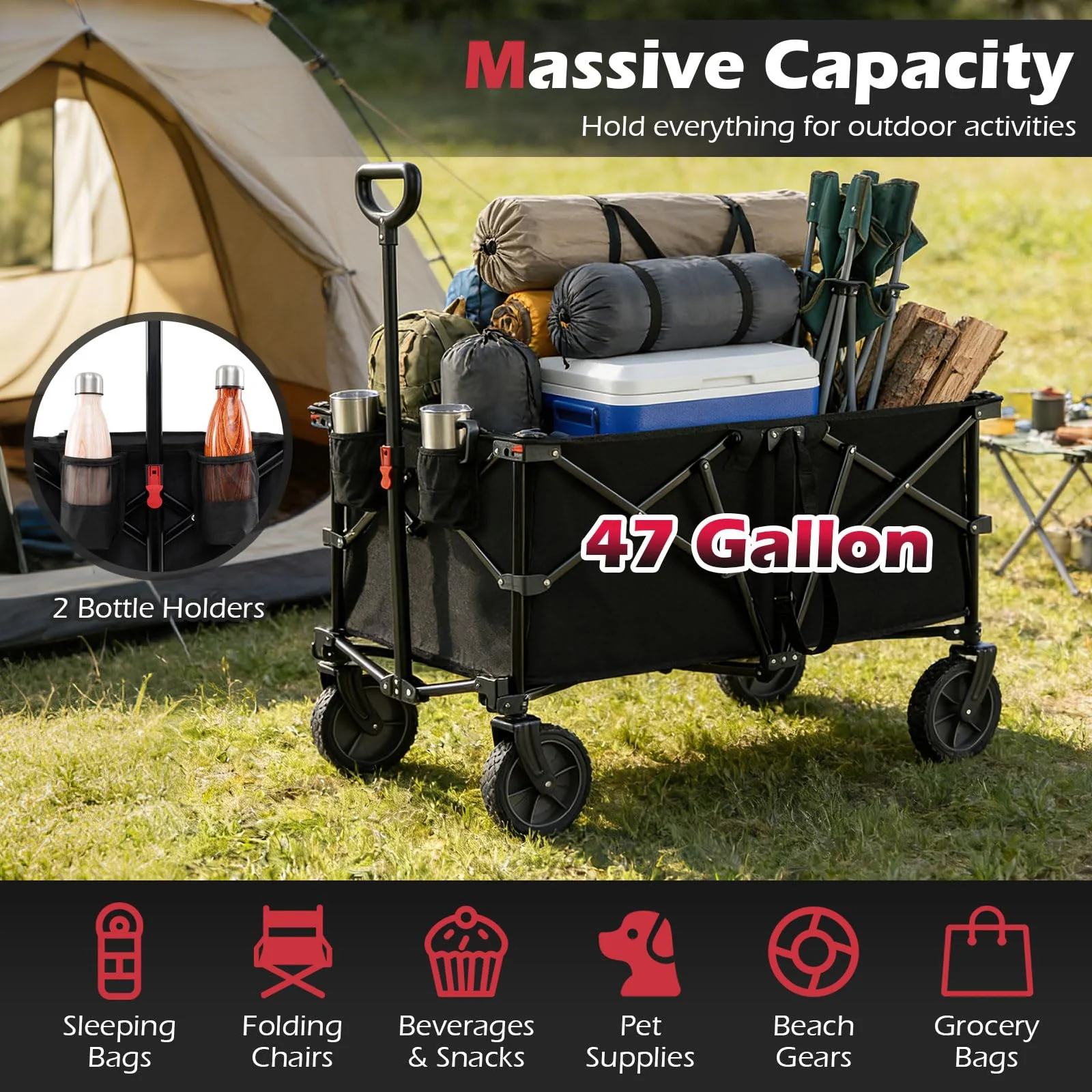 Goplus 38" Collapsible Wagon Cart with All-Terrain Wheels & 2 Cup Holders - Image 3
