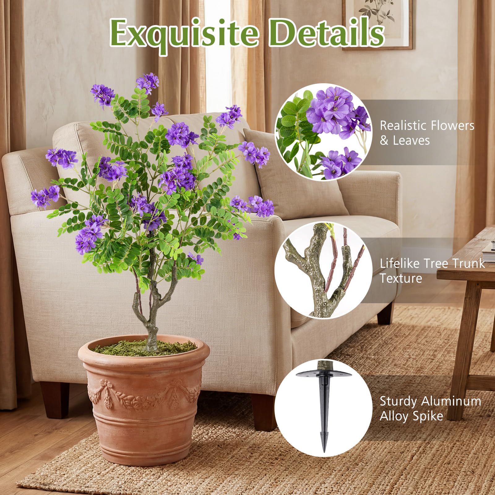 Goplus 39” 2 Pack Artificial Locust Flower Trees with Ground Spikes | Sophora Japonica Blossoms - Image 6
