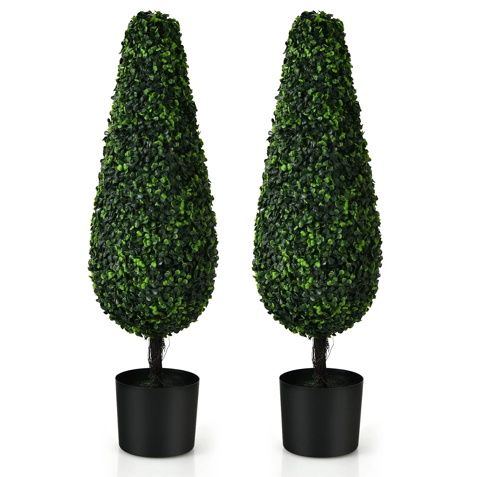 Goplus 3ft Artificial Boxwood Tower Topiary Trees, 2 Pack Faux Decorative Plants in Cement-Filled Plastic Pot