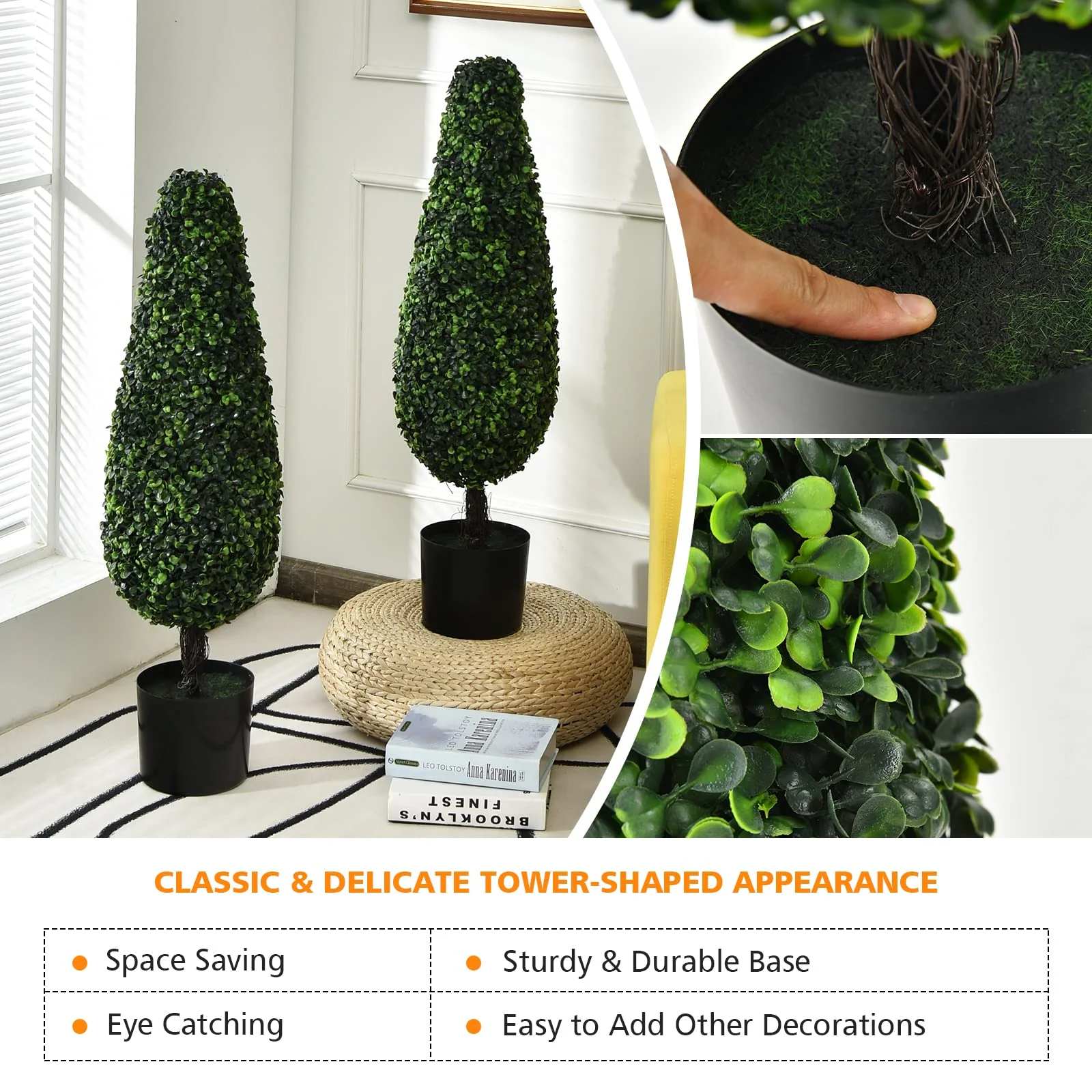Goplus 3ft Artificial Boxwood Tower Topiary Trees, 2 Pack Faux Decorative Plants in Cement-Filled Plastic Pot - Image 3