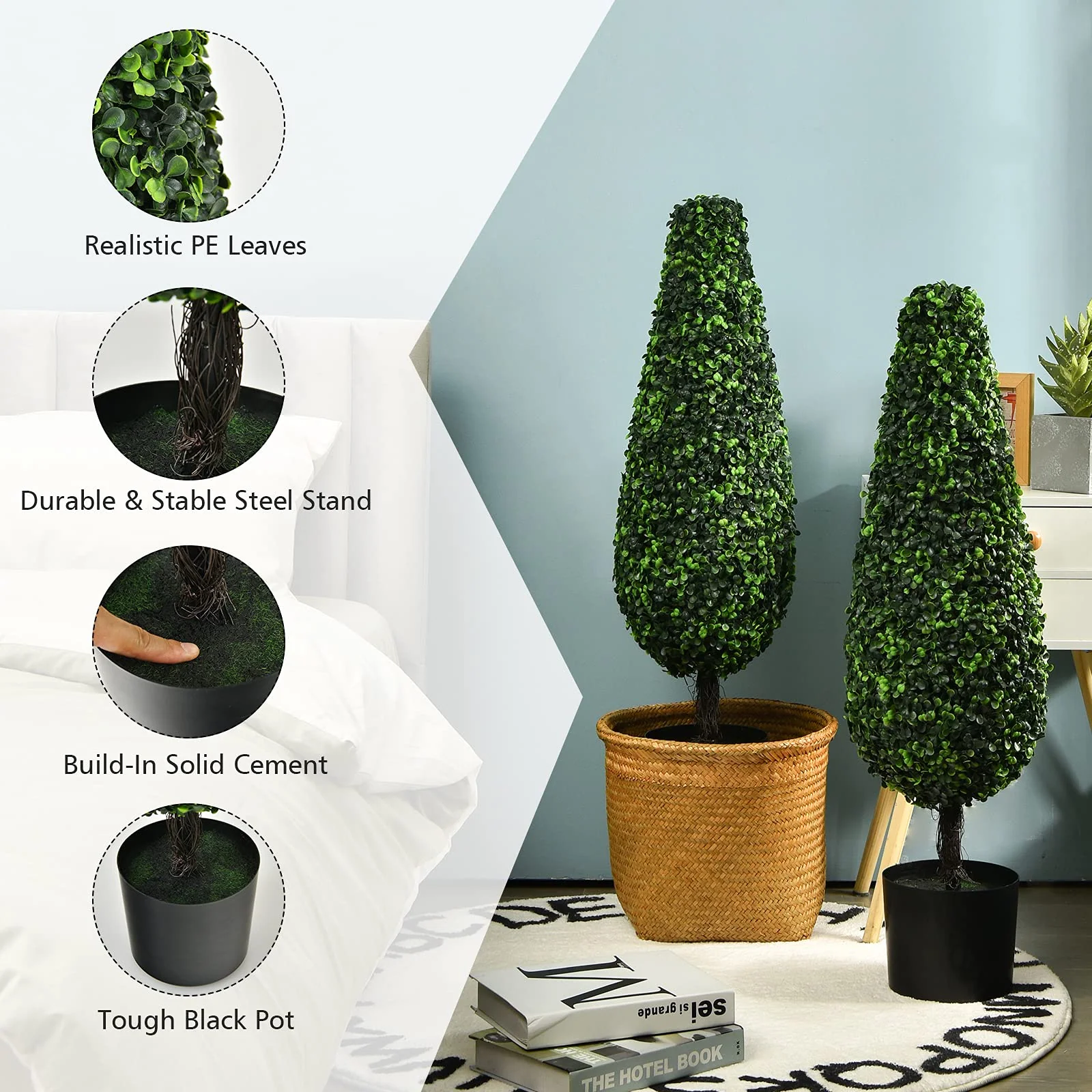Goplus 3ft Artificial Boxwood Tower Topiary Trees, 2 Pack Faux Decorative Plants in Cement-Filled Plastic Pot - Image 4