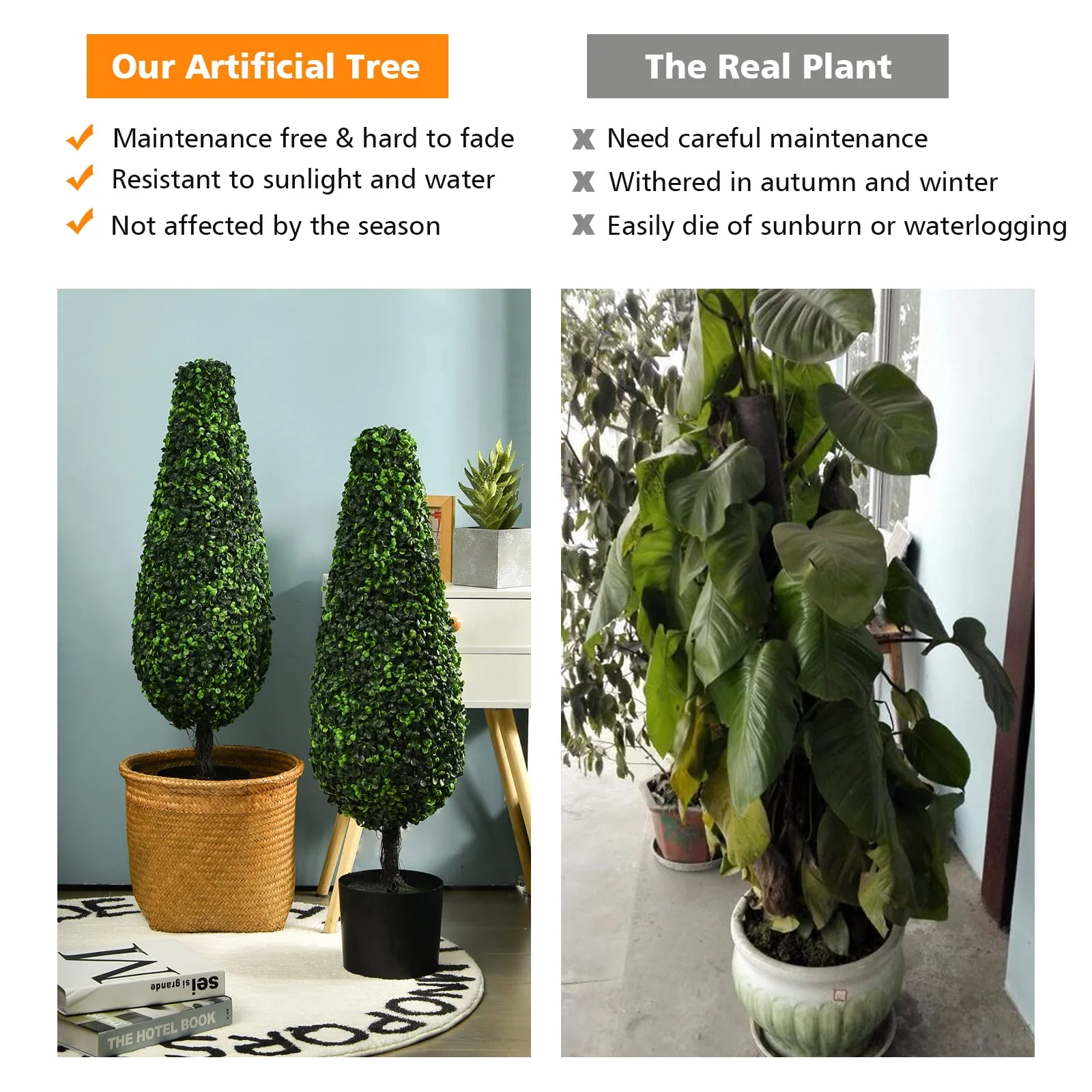 Goplus 3ft Artificial Boxwood Tower Topiary Trees, 2 Pack Faux Decorative Plants in Cement-Filled Plastic Pot - Image 6