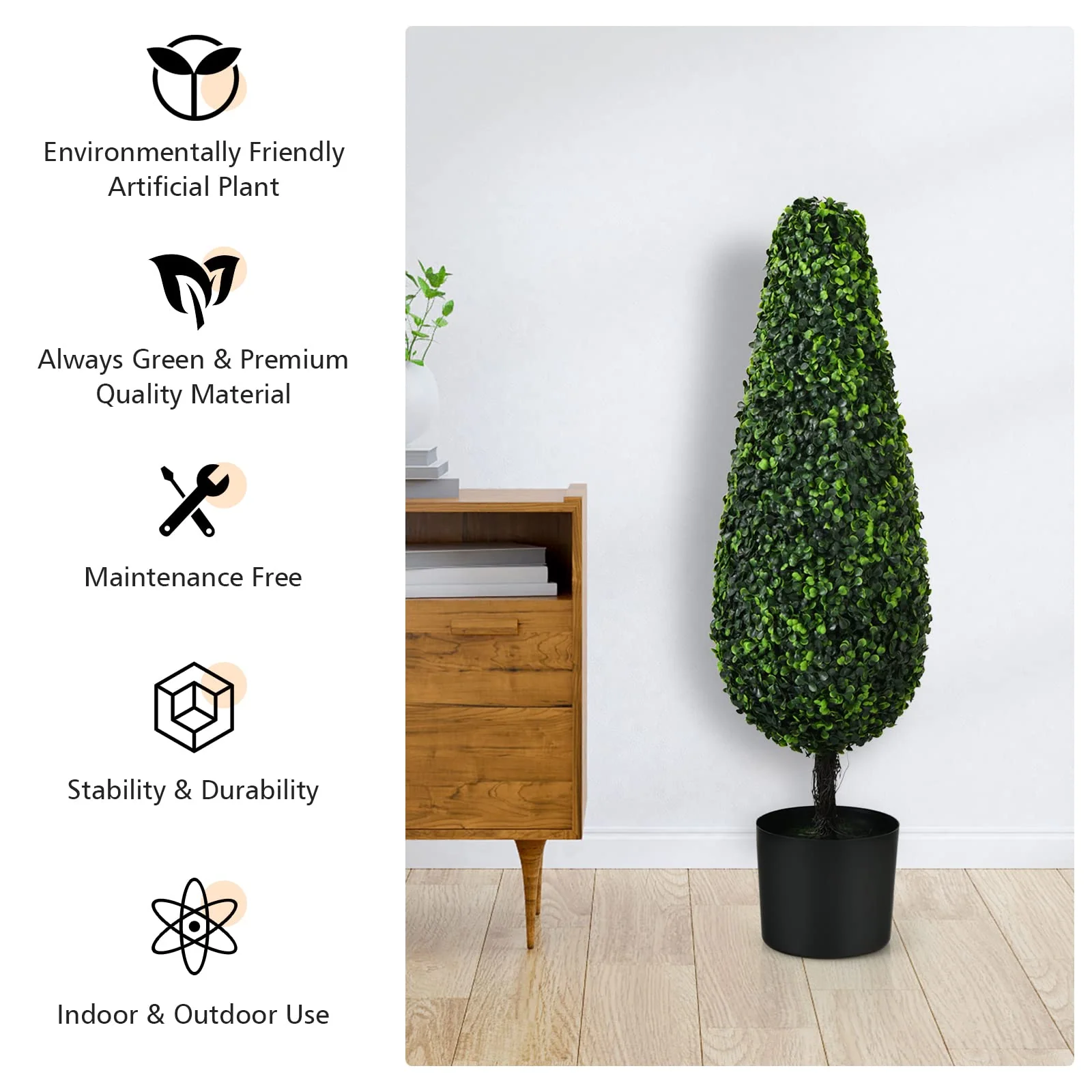 Goplus 3ft Artificial Boxwood Tower Topiary Trees, 2 Pack Faux Decorative Plants in Cement-Filled Plastic Pot - Image 8