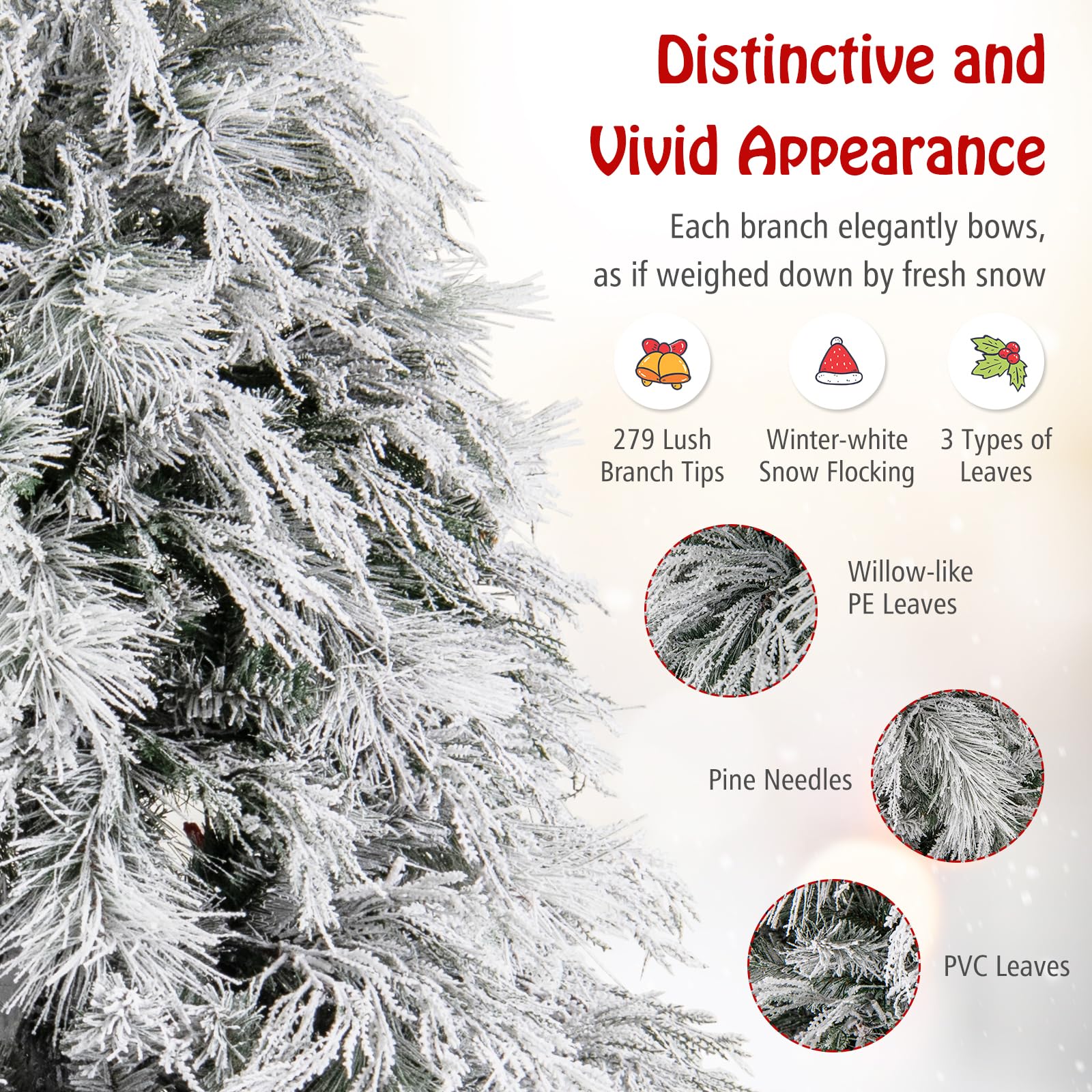 Goplus 4.5ft Pre-Lit Snow Flocked Christmas Tree, Artificial Hinged Full Xmas Tree with 279 PVC & Pine Needles - Image 3