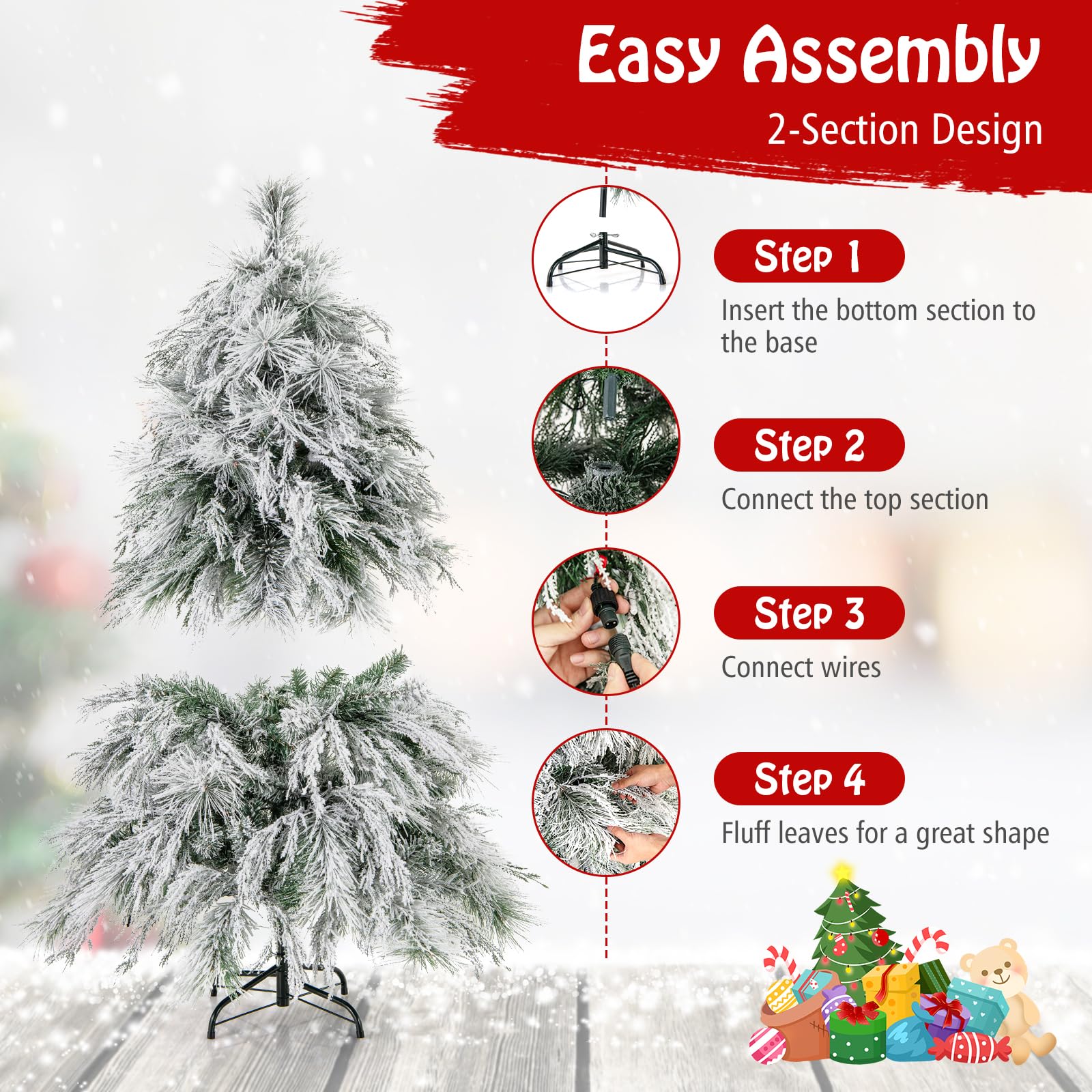 Goplus 4.5ft Pre-Lit Snow Flocked Christmas Tree, Artificial Hinged Full Xmas Tree with 279 PVC & Pine Needles - Image 4