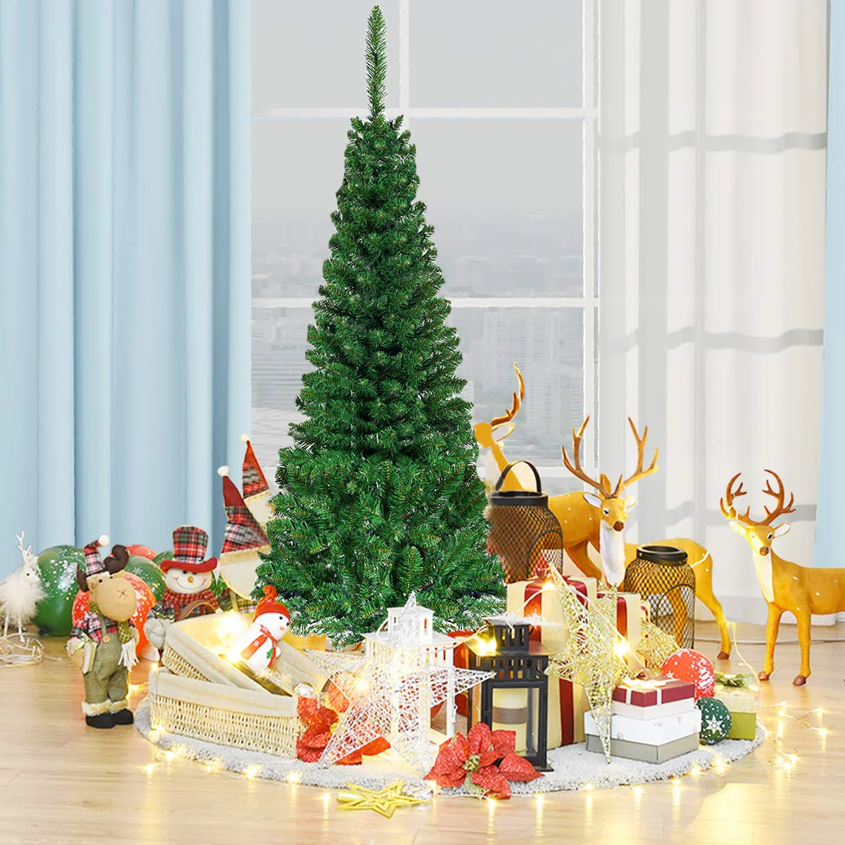 Goplus 4.5FT / 6.5FT / 7.5FT Prelit Pencil Christmas Tree, Premium Hinged Fir Tree - Image 3