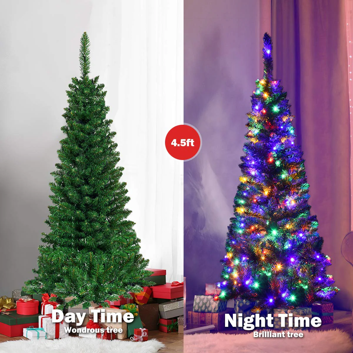 Goplus 4.5FT / 6.5FT / 7.5FT Prelit Pencil Christmas Tree, Premium Hinged Fir Tree - Image 4
