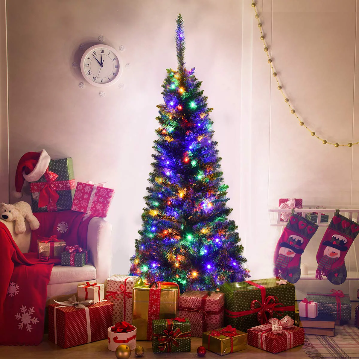 Goplus 4.5FT / 6.5FT / 7.5FT Prelit Pencil Christmas Tree, Premium Hinged Fir Tree - Image 8