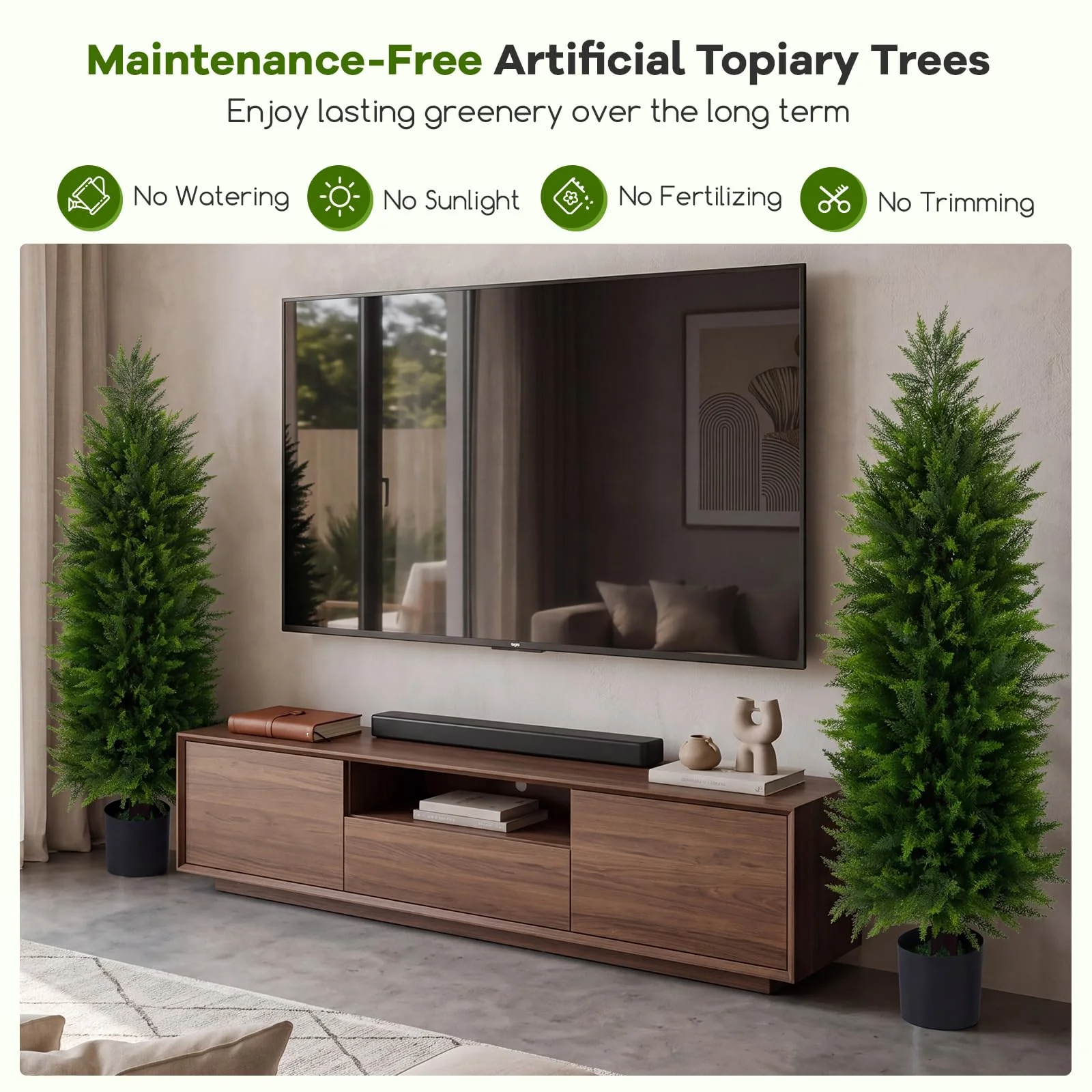 Goplus 4 FT Artificial Faux Cedar Cypress Plants in Cement-Filled Pots Set of 2 - Image 3
