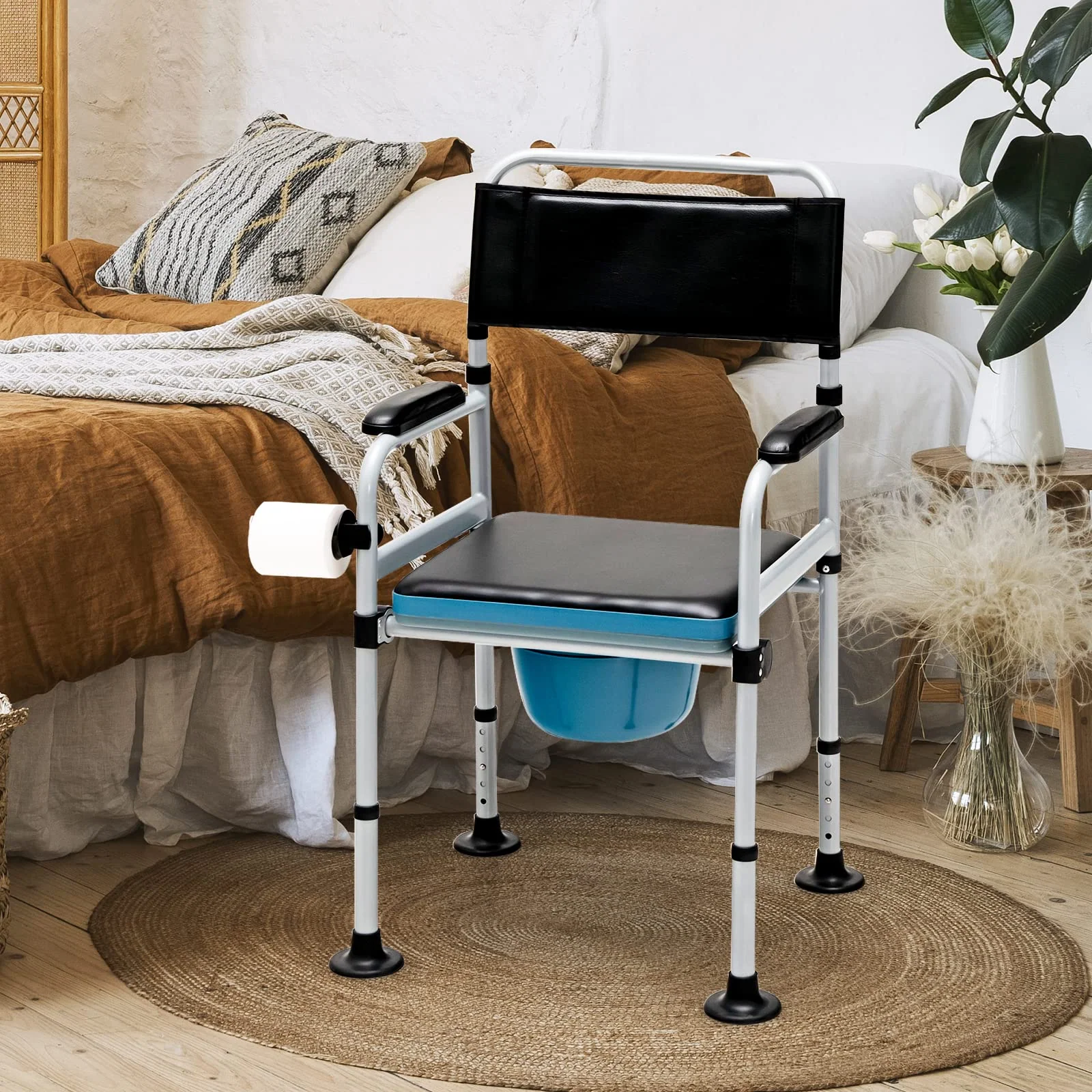 Goplus 4-in-1 Bedside Commode, Folding Toilet Bedside Shower Chair with Detachable Bucket - Image 2
