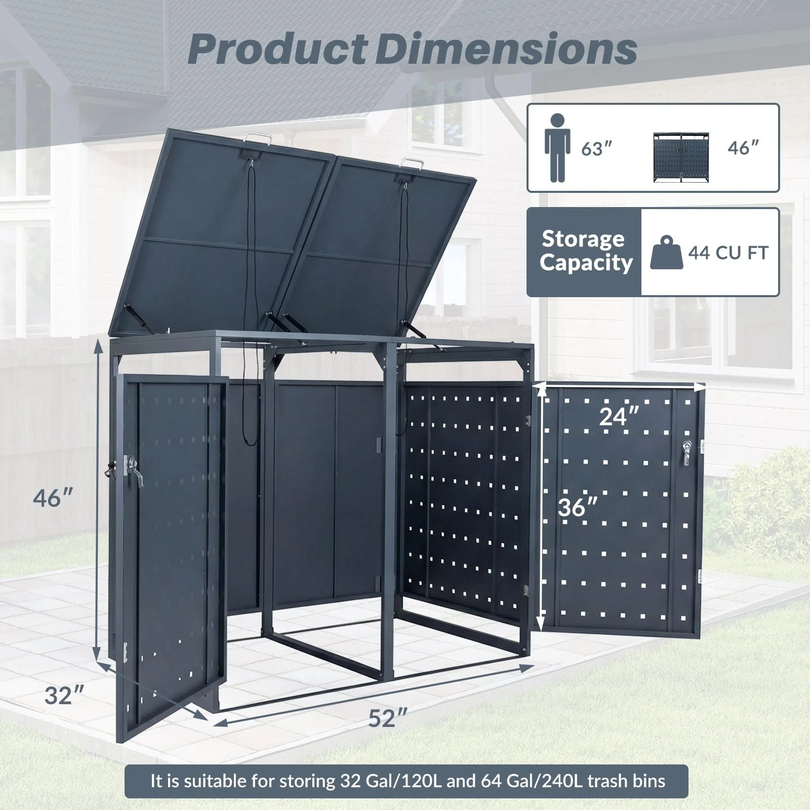 Goplus 44 Cu.Ft Outdoor Trash Can Storage with 2 Lockable Doors Gas Struts & Shock Absorbers - Image 3