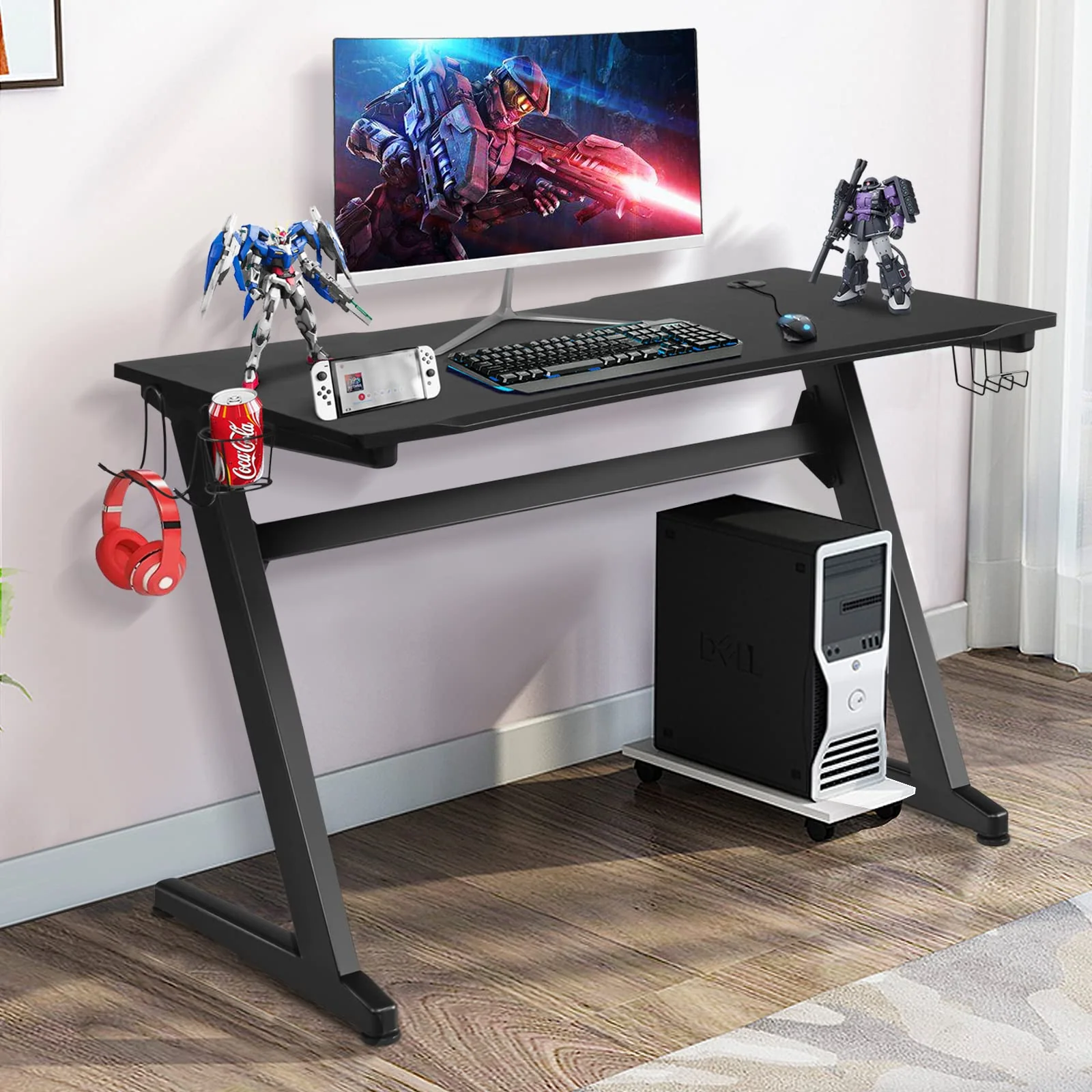 Goplus 45.5 Gaming Desk, Z Shaped Racing Game Table with Carbon Fiber Surface, Mouse Mat - Image 2