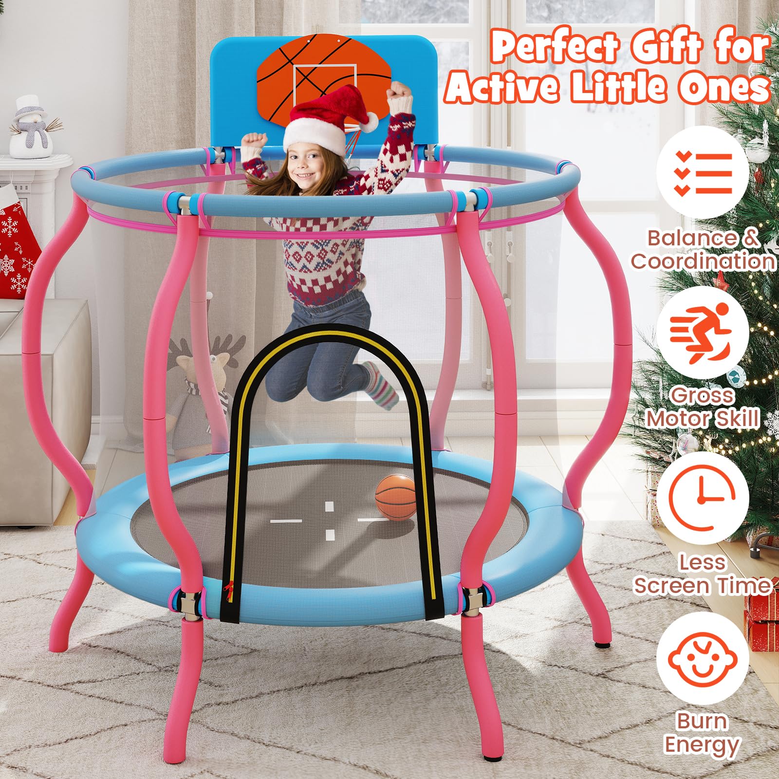 Goplus 48" Indoor & Outdoor Pumpkin Trampoline with Basketball Hoop & Wide Backboard - Image 6