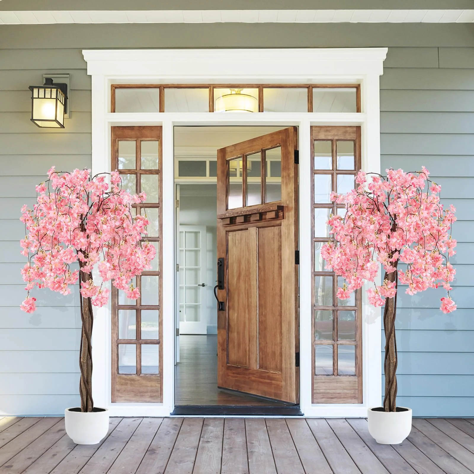 Goplus 5.5FT Artificial Cherry Blossom Tree Faux Floral Plant Blooming Tree in Nursery Pot - Image 2