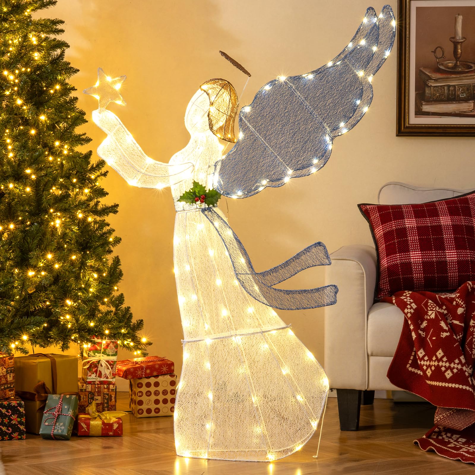 Goplus 5 Ft Lighted Christmas Angel with Star Halo Spreading Wings - Image 3
