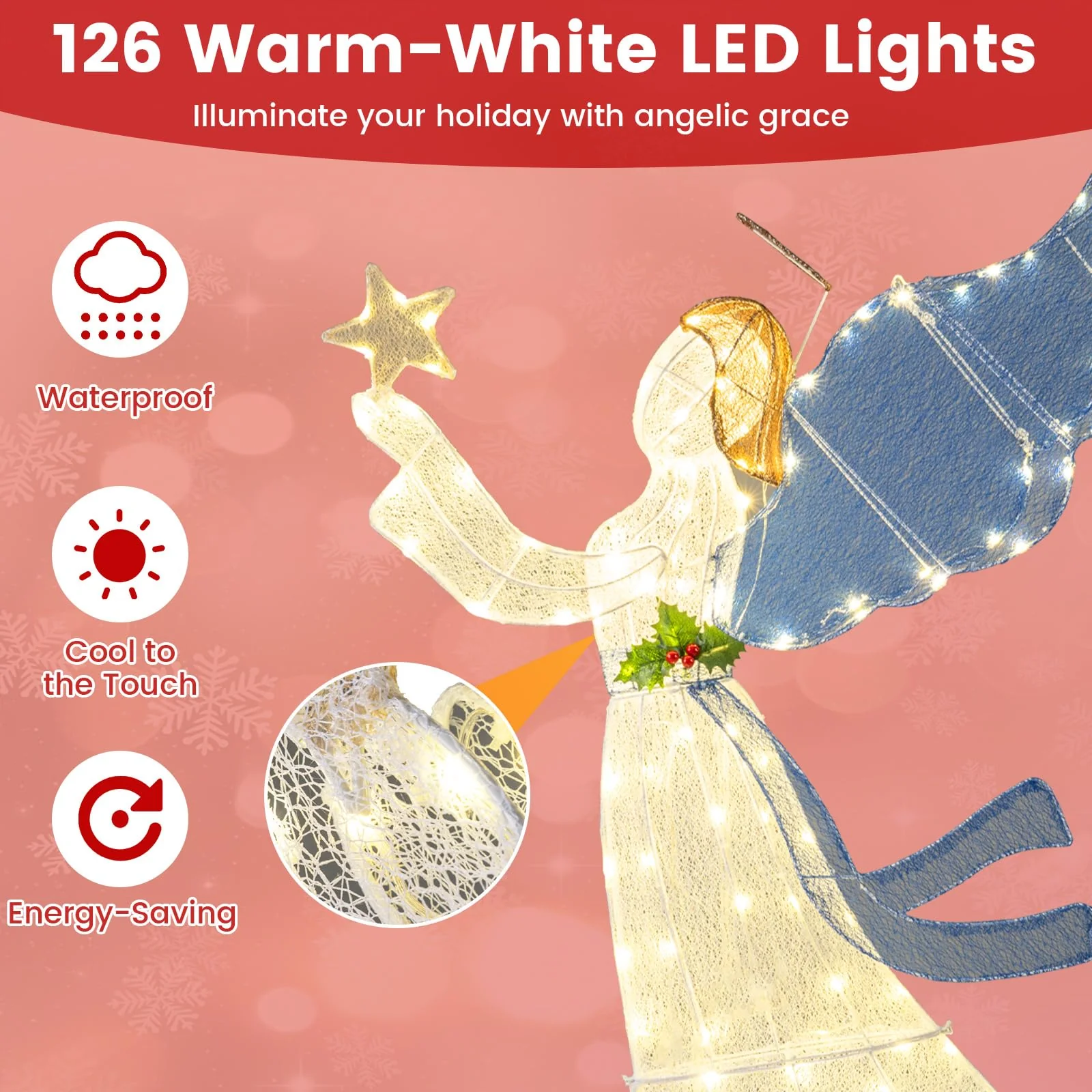Goplus 5 Ft Lighted Christmas Angel with Star Halo Spreading Wings - Image 8