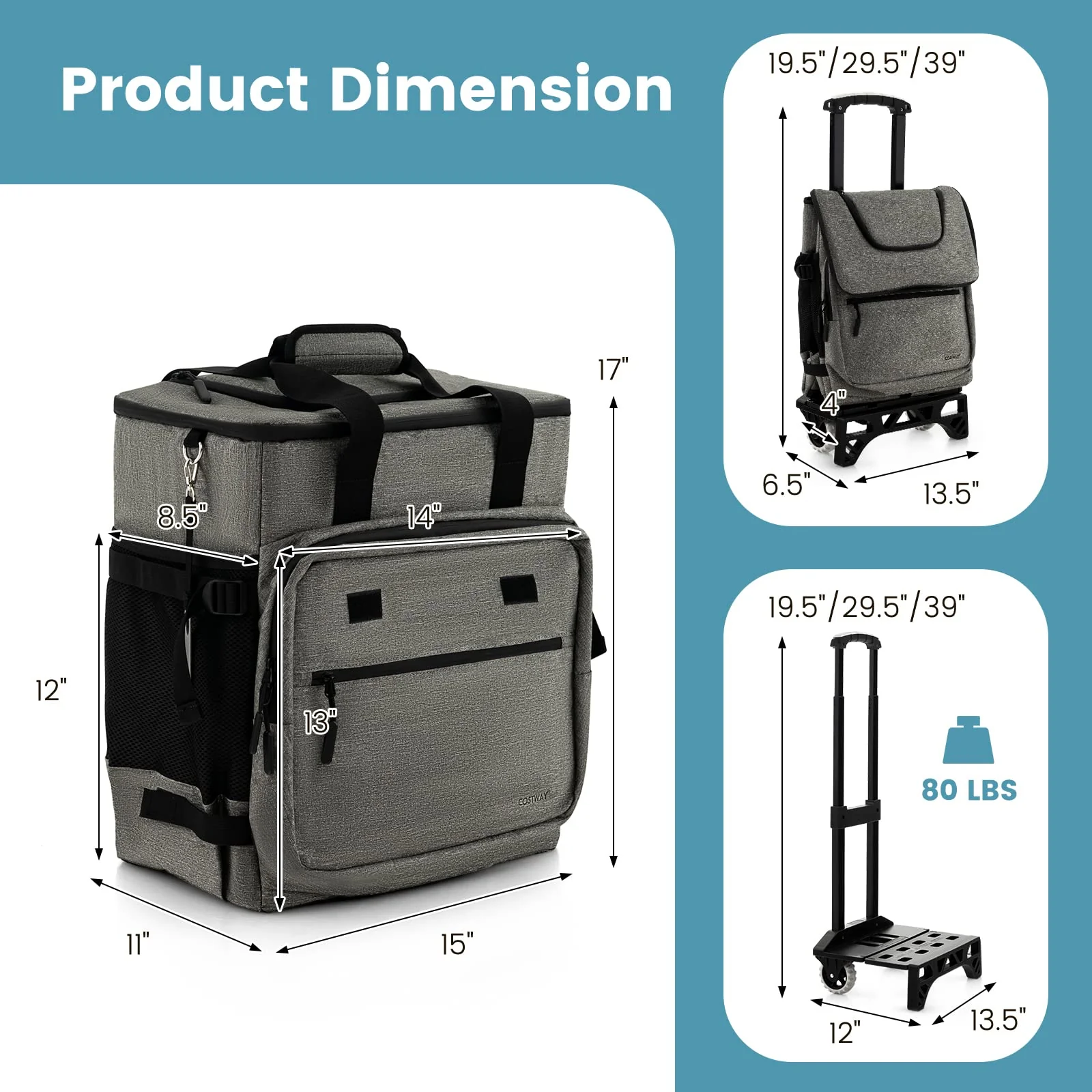 Goplus 50-Can Collapsible Rolling Cooler, 3-in-1 Portable Insulated Soft Cooler Bag w/Movable Wheels - Image 7
