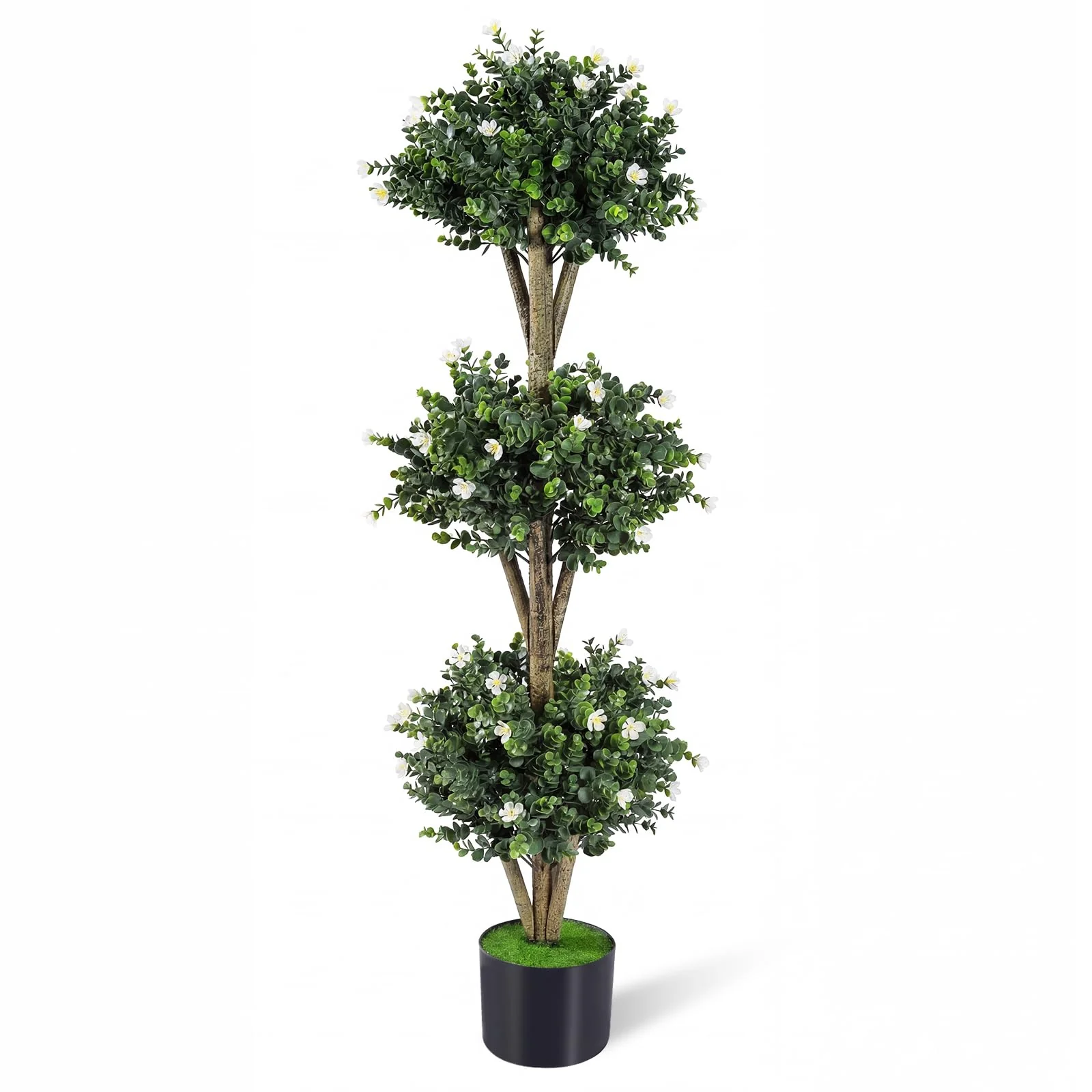 Goplus 51" Artificial Triple Ball Boxwood Topiary Tree with 59 Blossoms & Cement-Filled Plastic Pot - Image 11