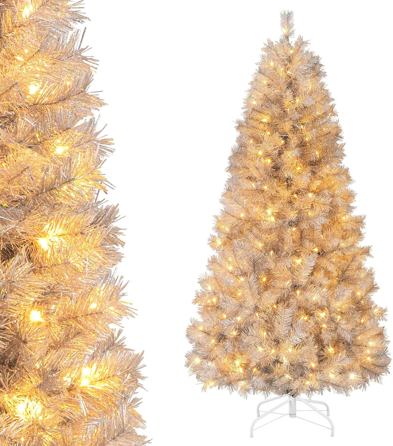 Goplus 5ft / 6ft / 7 ft Pre-Lit Silver Tinsel Christmas Tree with Warm White LED Lights - Image 10